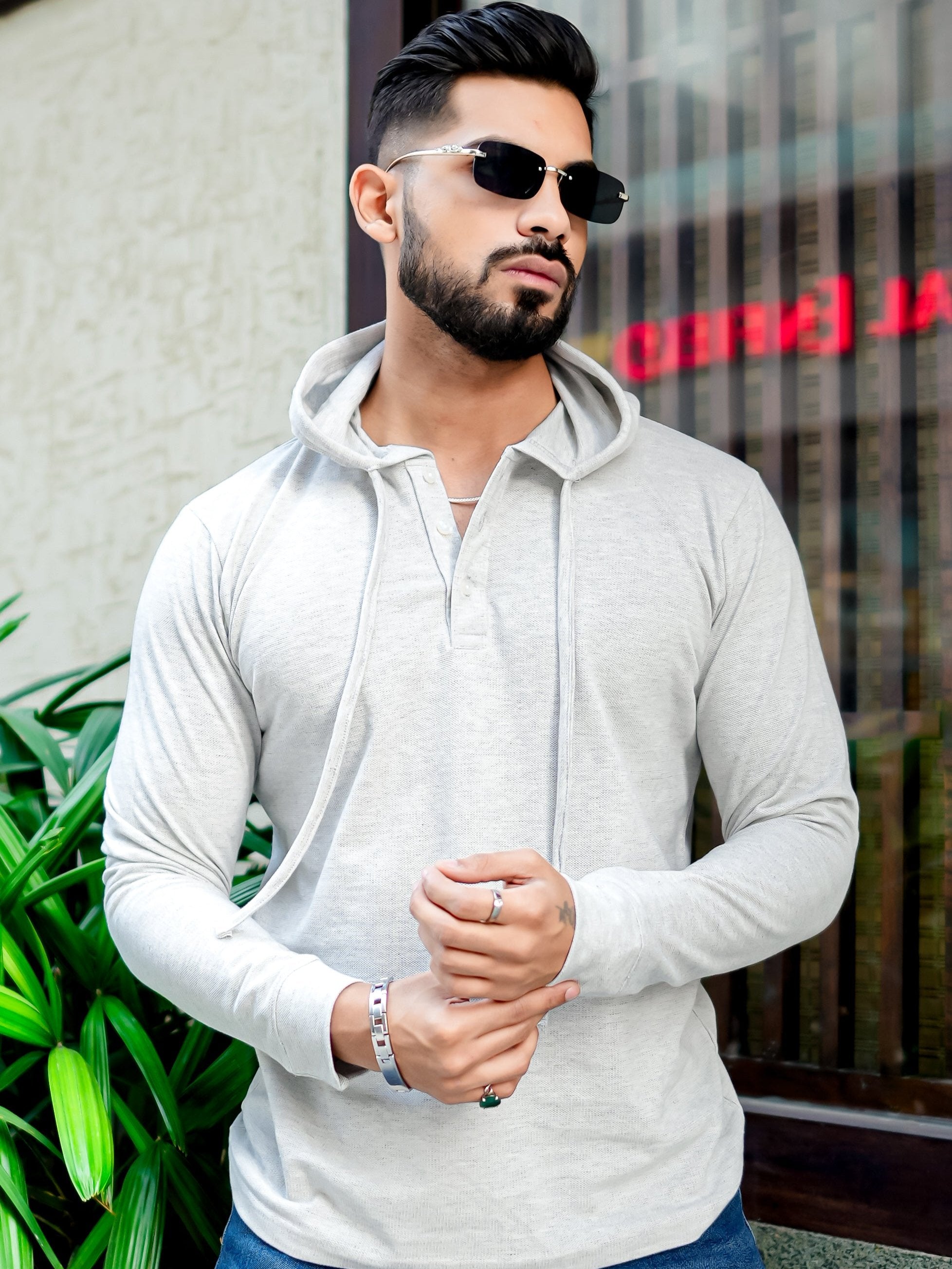 Grey Melange Placket Hooded T-Shirt