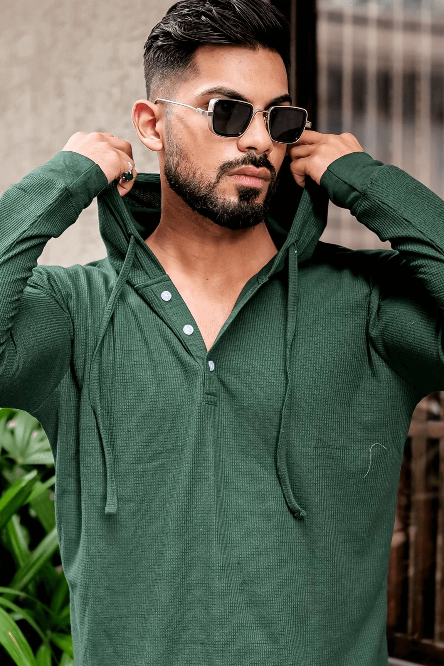 Green Waffle Placket Hooded T-Shirt