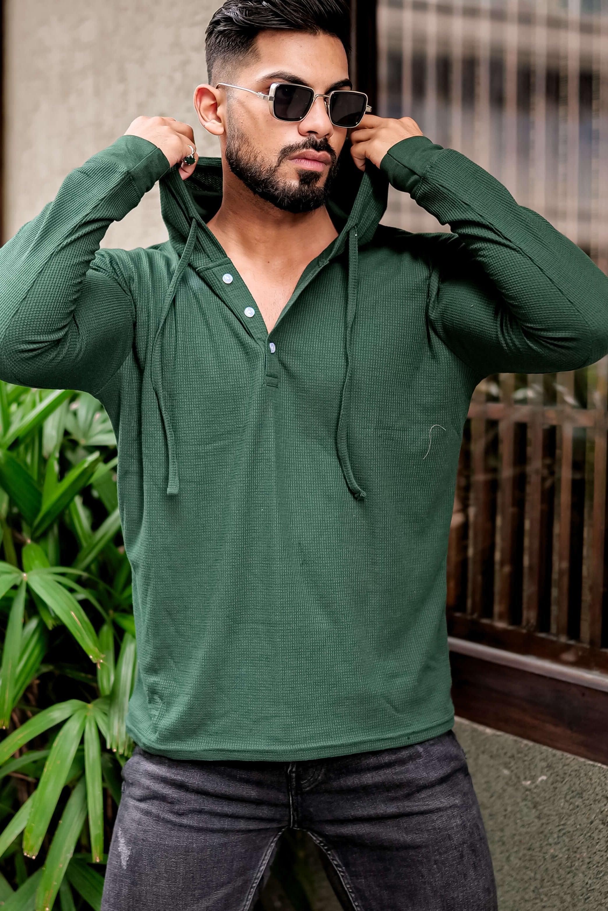 Green Waffle Placket Hooded T-Shirt