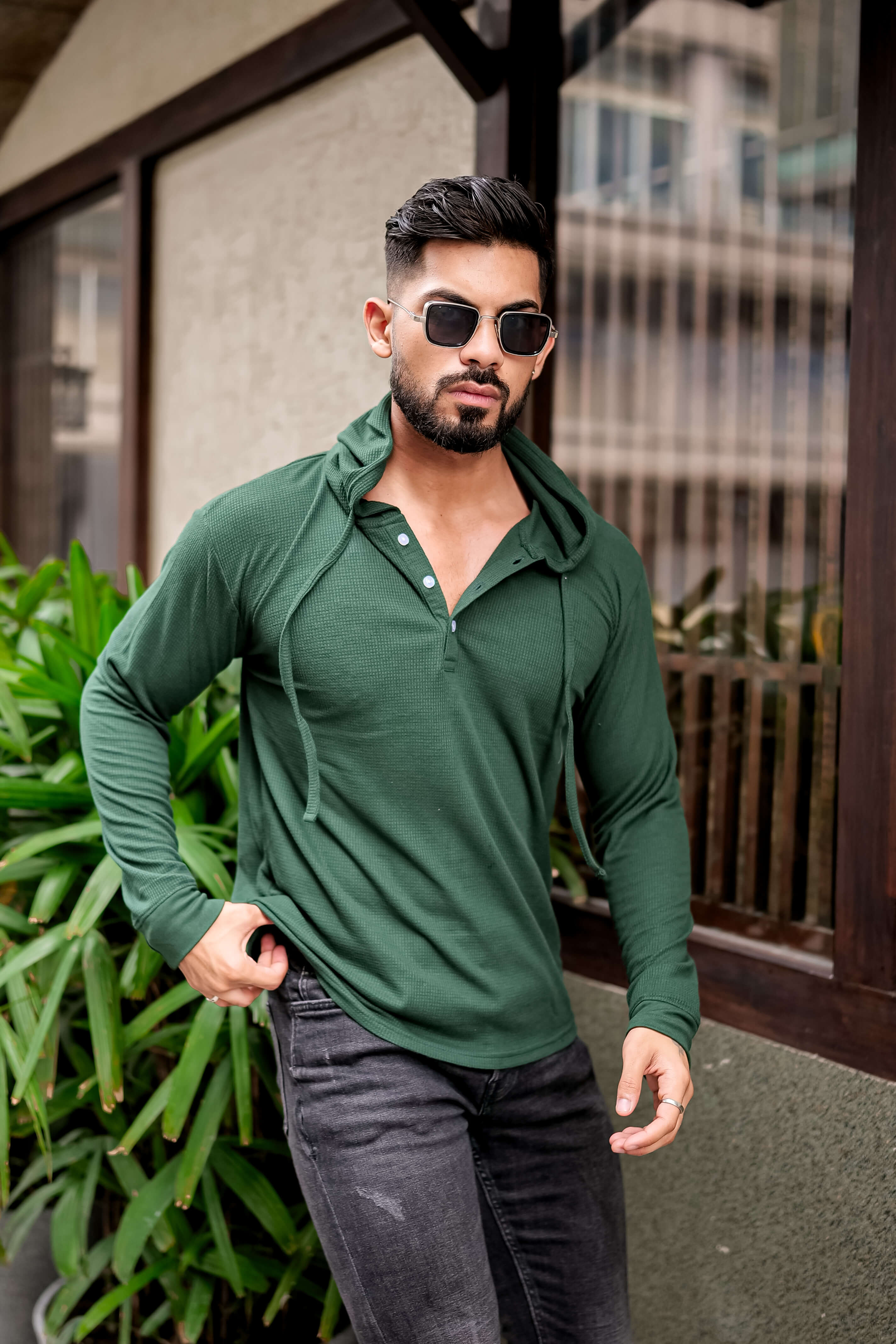 Green Waffle Placket Hooded T-Shirt