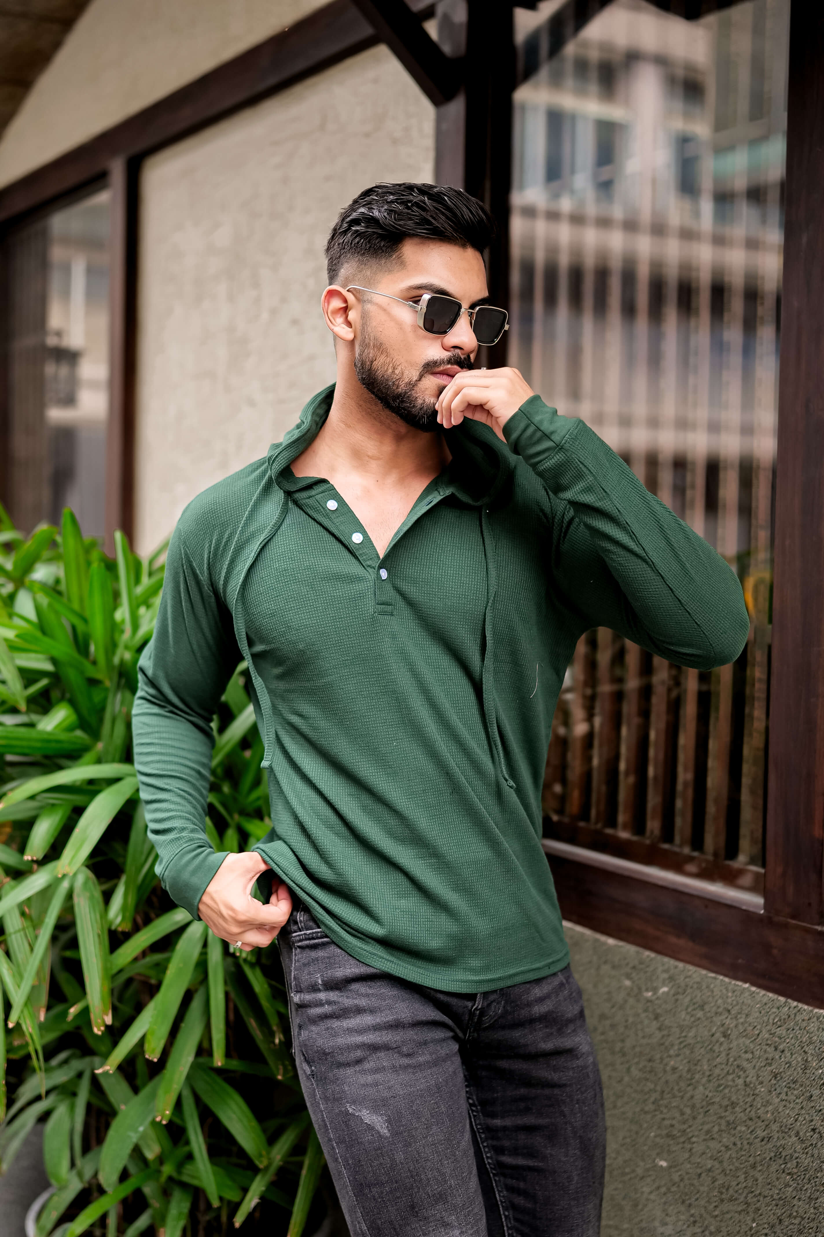 Green Waffle Placket Hooded T-Shirt