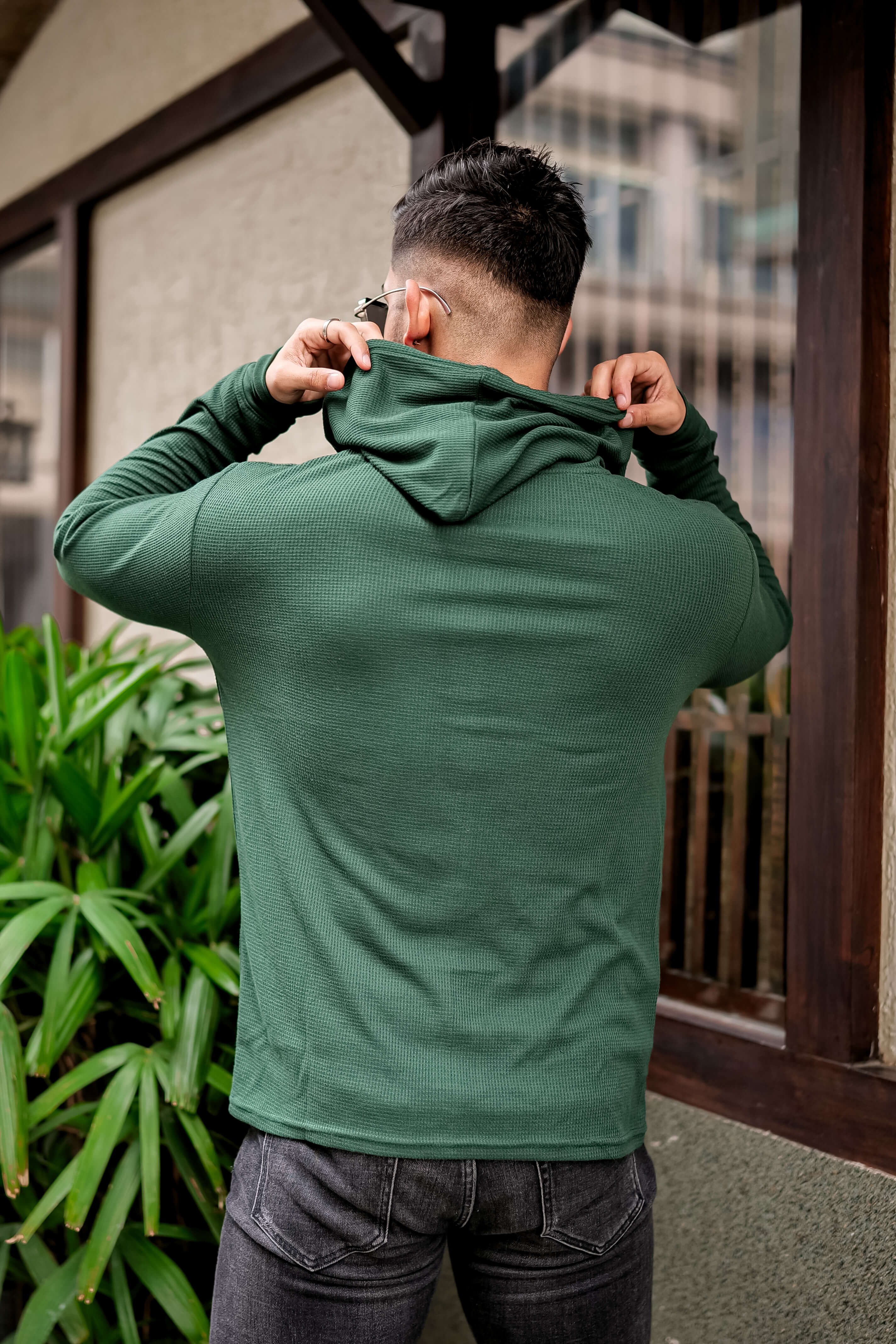 Green Waffle Placket Hooded T-Shirt