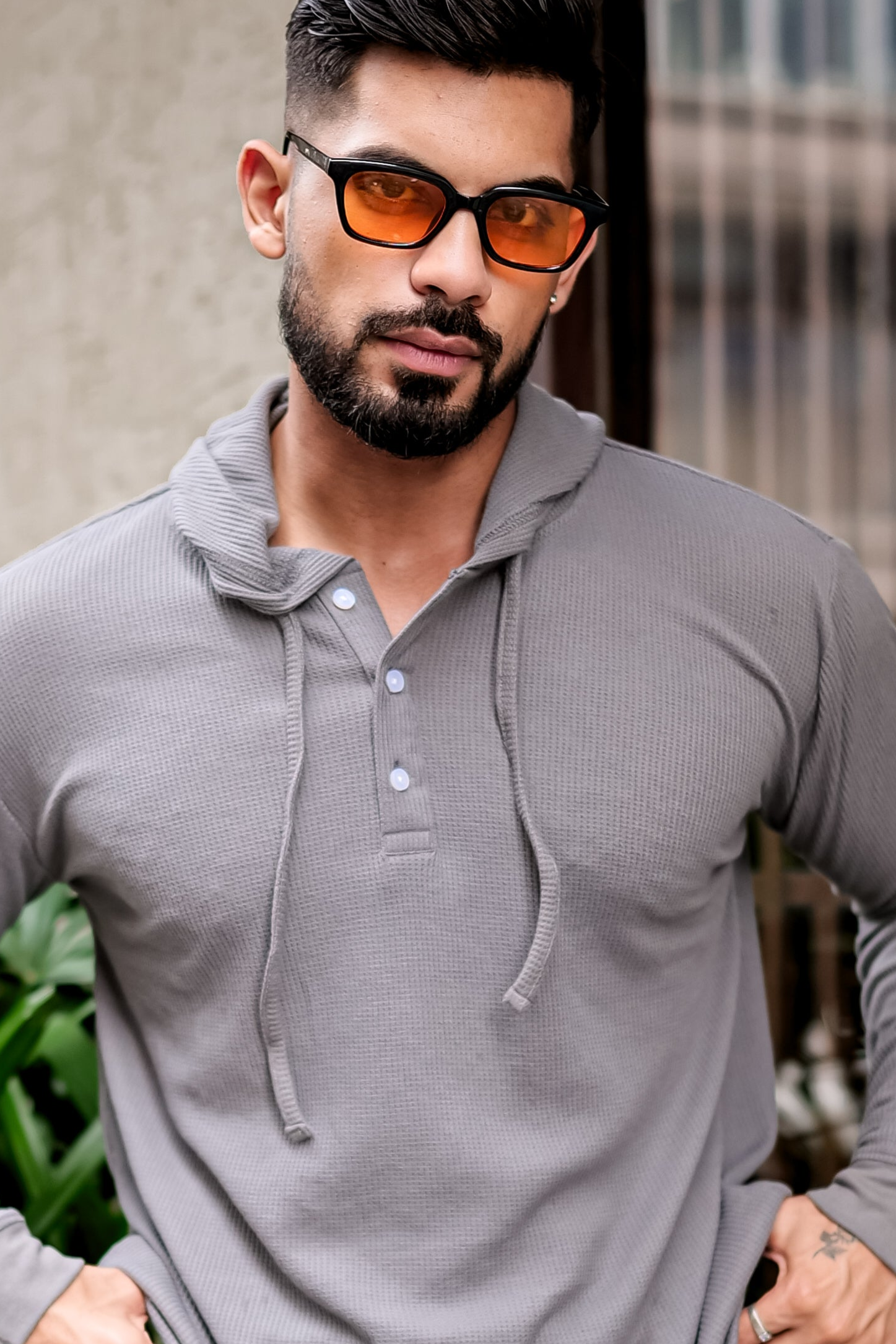 Grey Waffle Placket Hooded T-Shirt