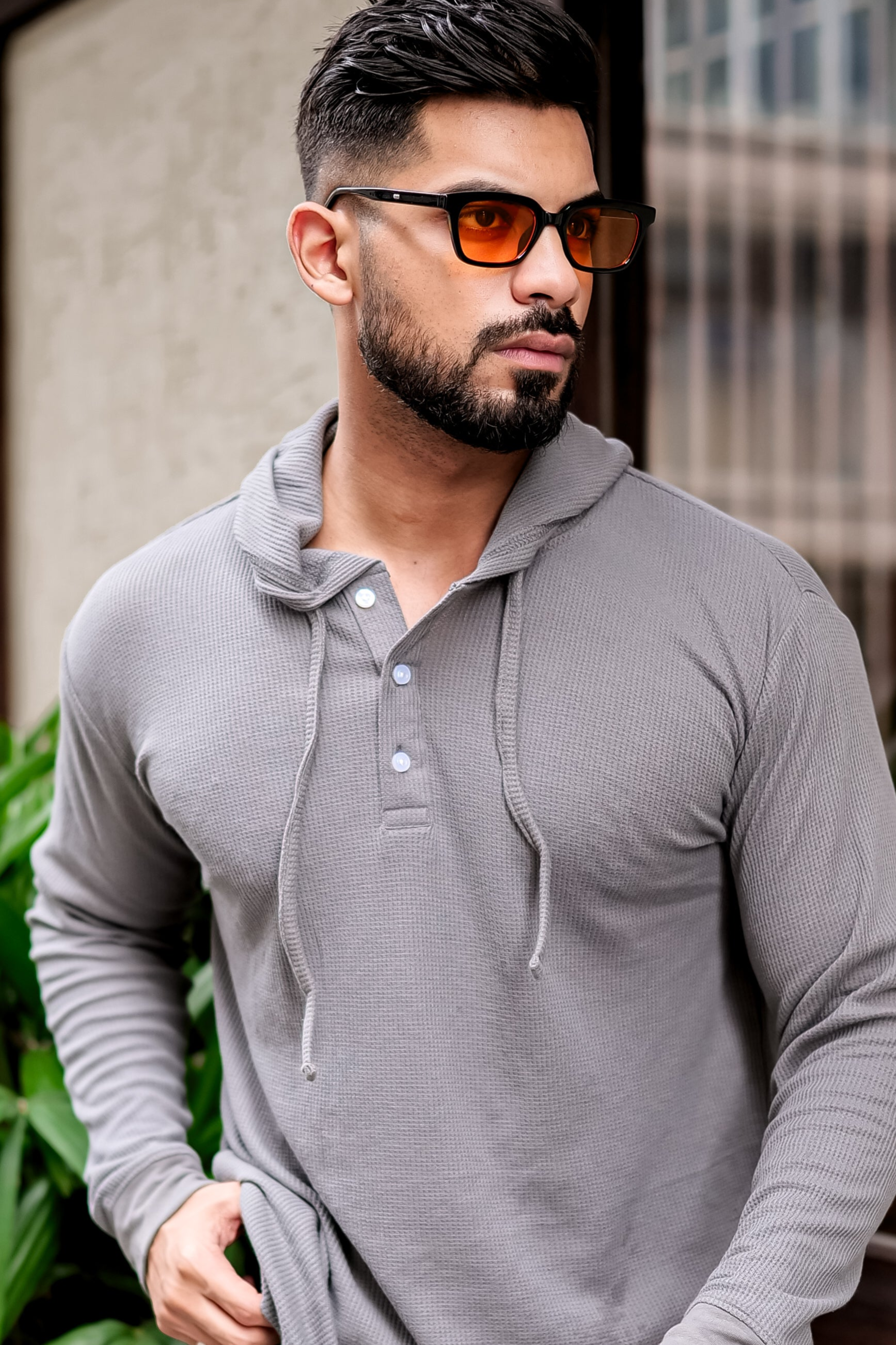 Grey Waffle Placket Hooded T-Shirt