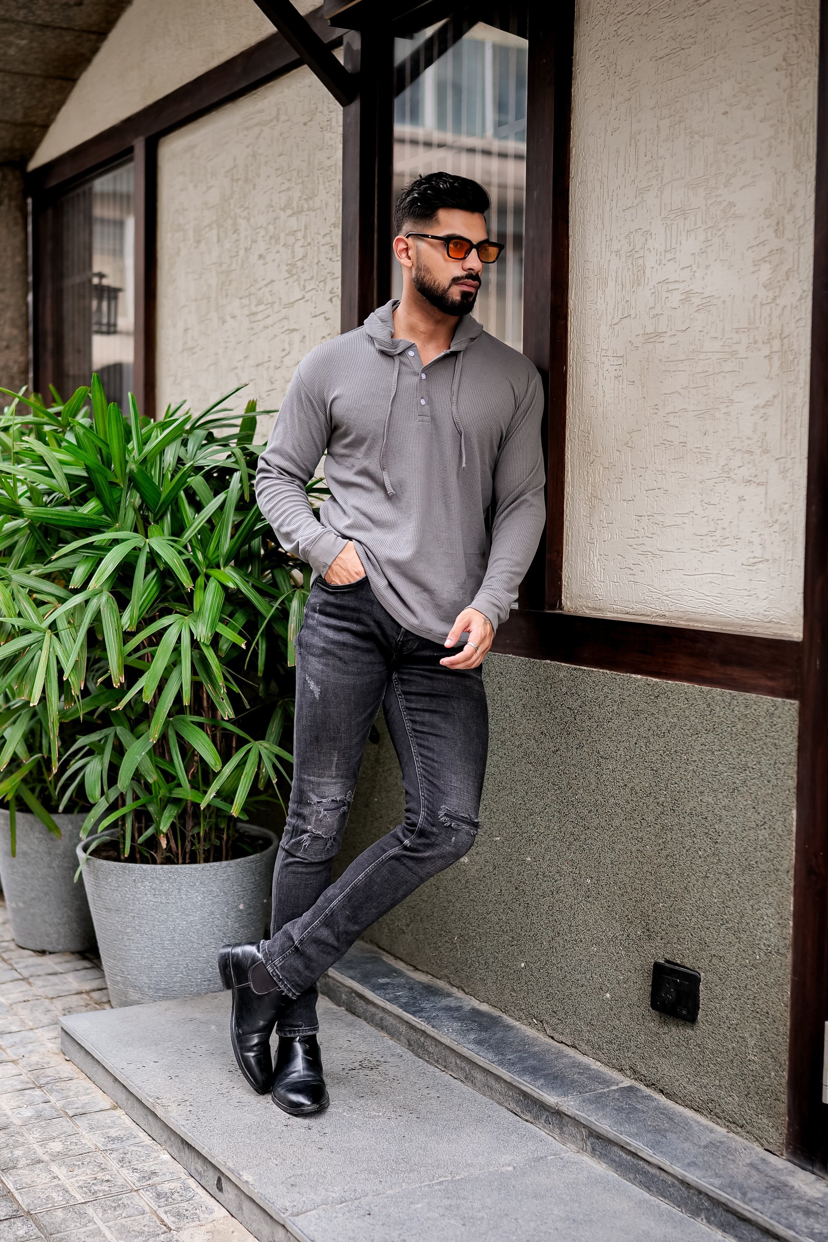 Grey Waffle Placket Hooded T-Shirt