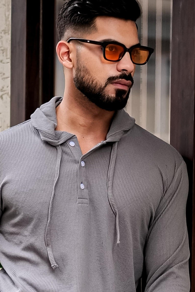 Grey Waffle Placket Hooded T-Shirt