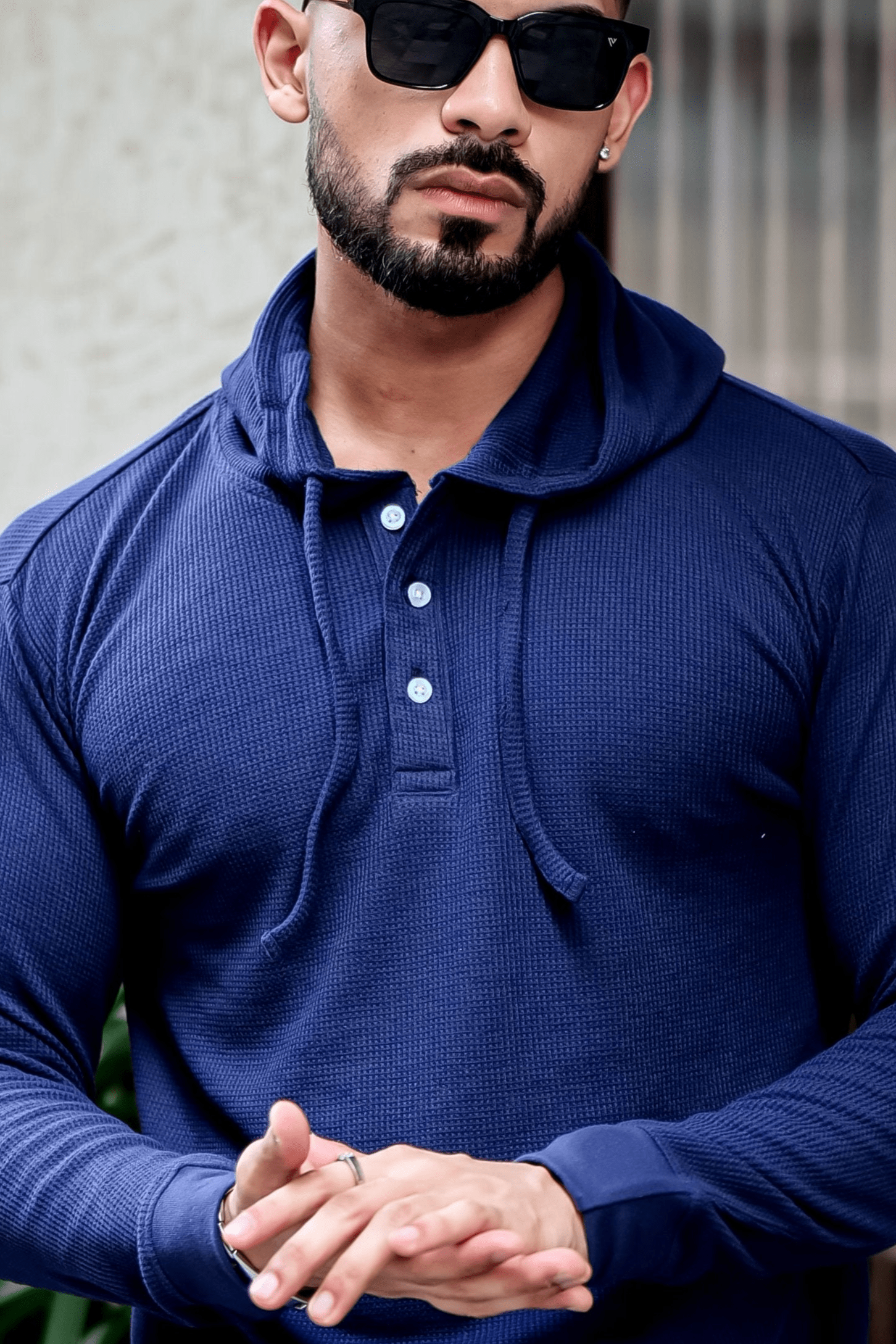Navy Blue Waffle Placket Hooded T-Shirt