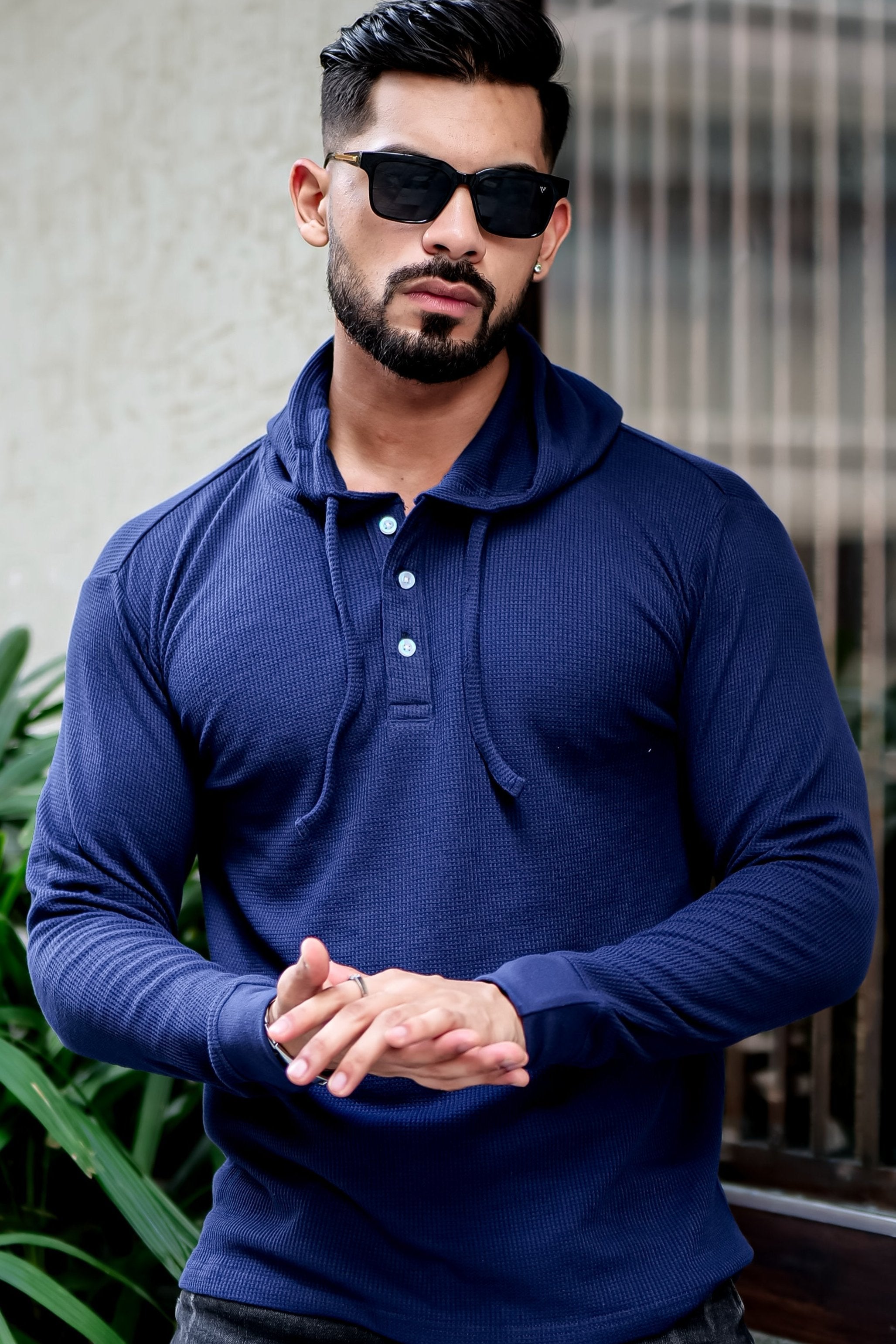 Navy Blue Waffle Placket Hooded T-Shirt