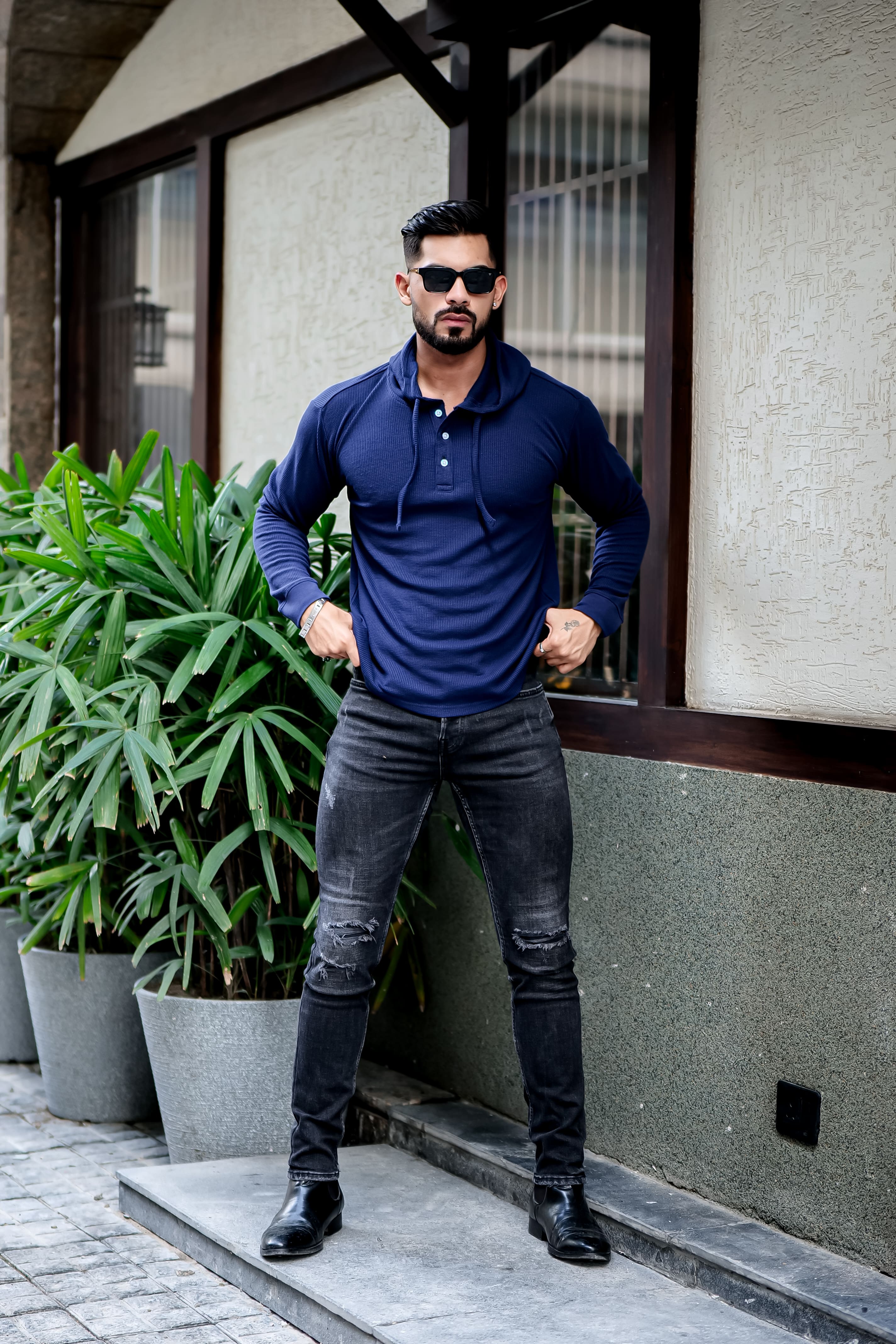 Navy Blue Waffle Placket Hooded T-Shirt