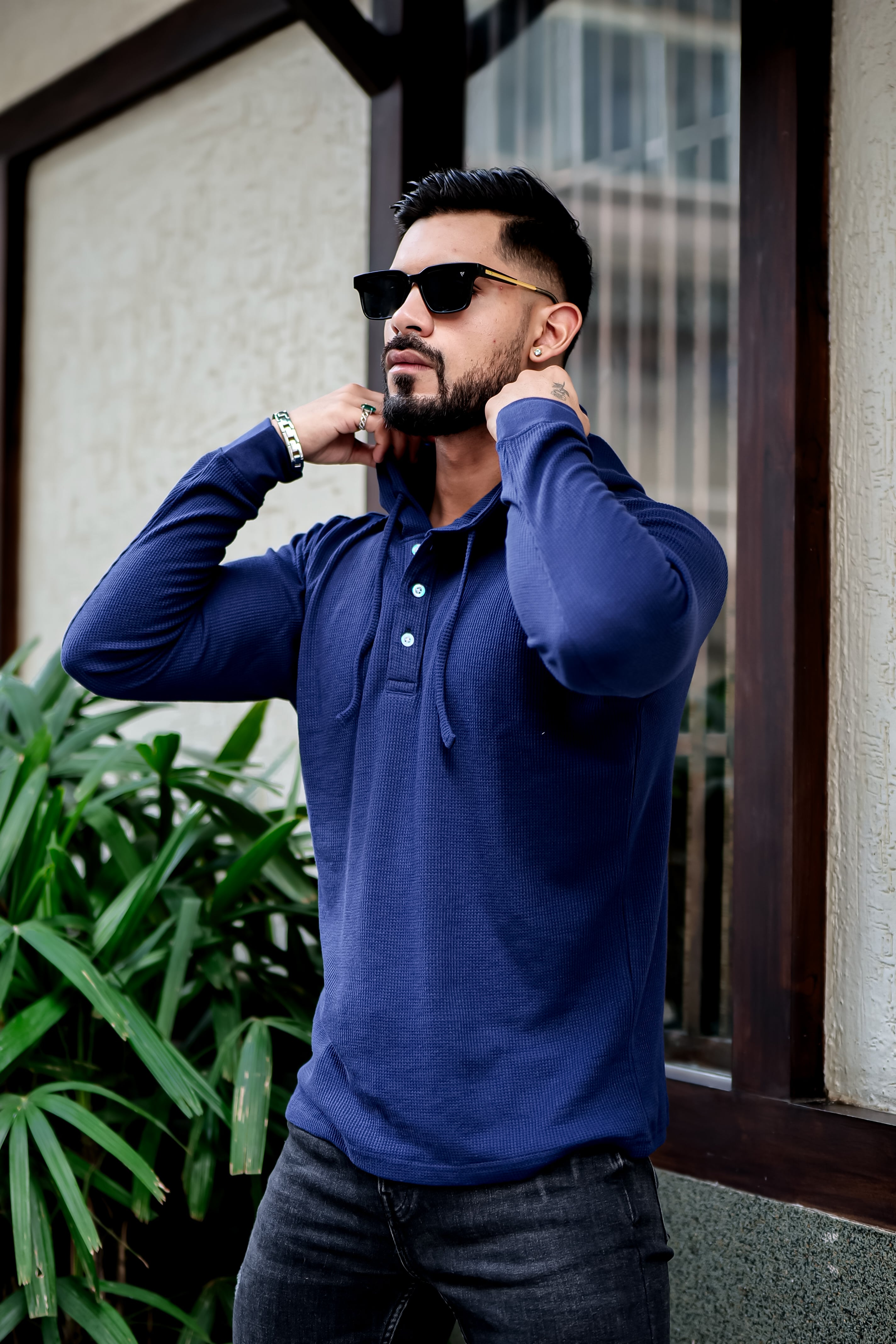 Navy Blue Waffle Placket Hooded T-Shirt