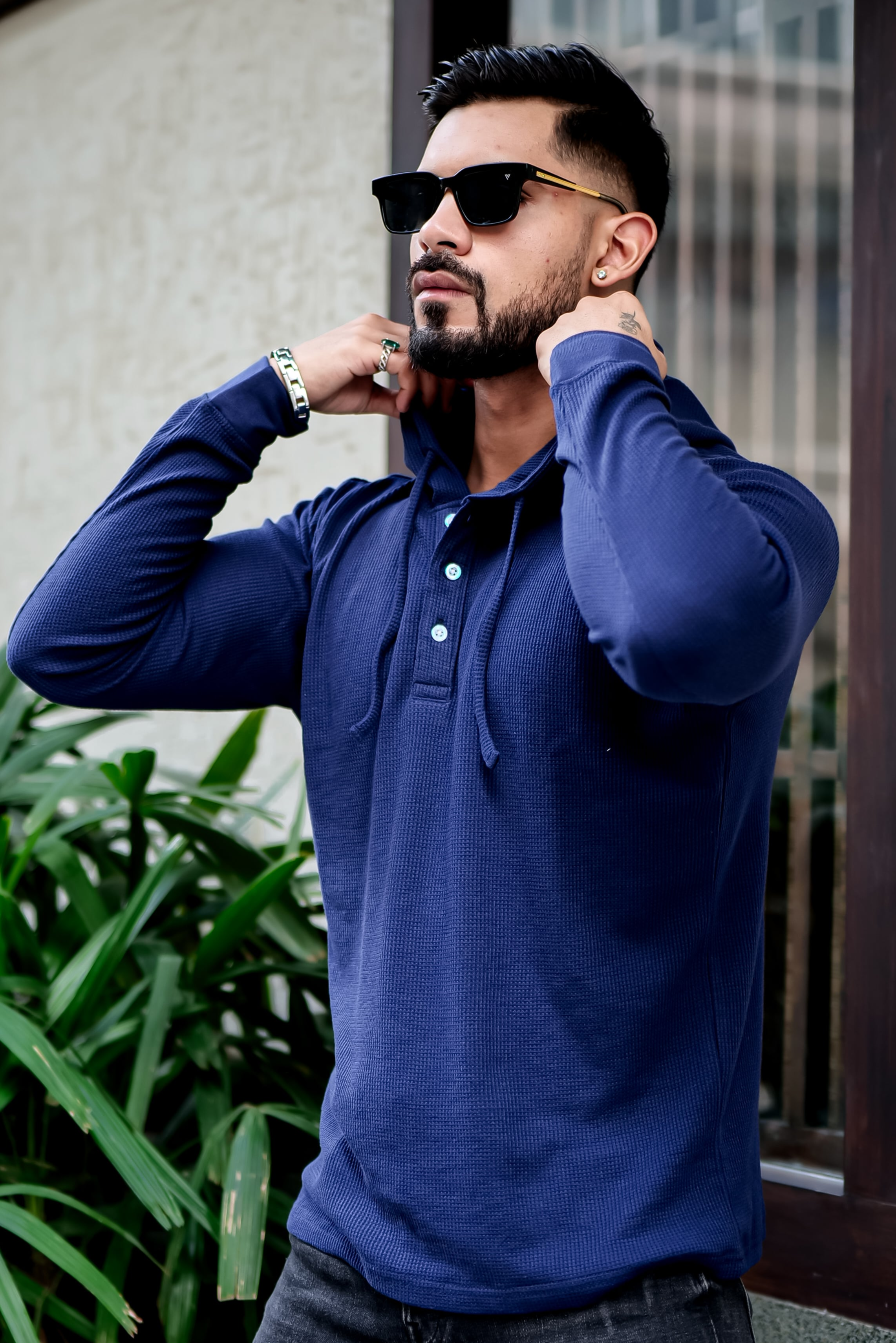 Navy Blue Waffle Placket Hooded T-Shirt
