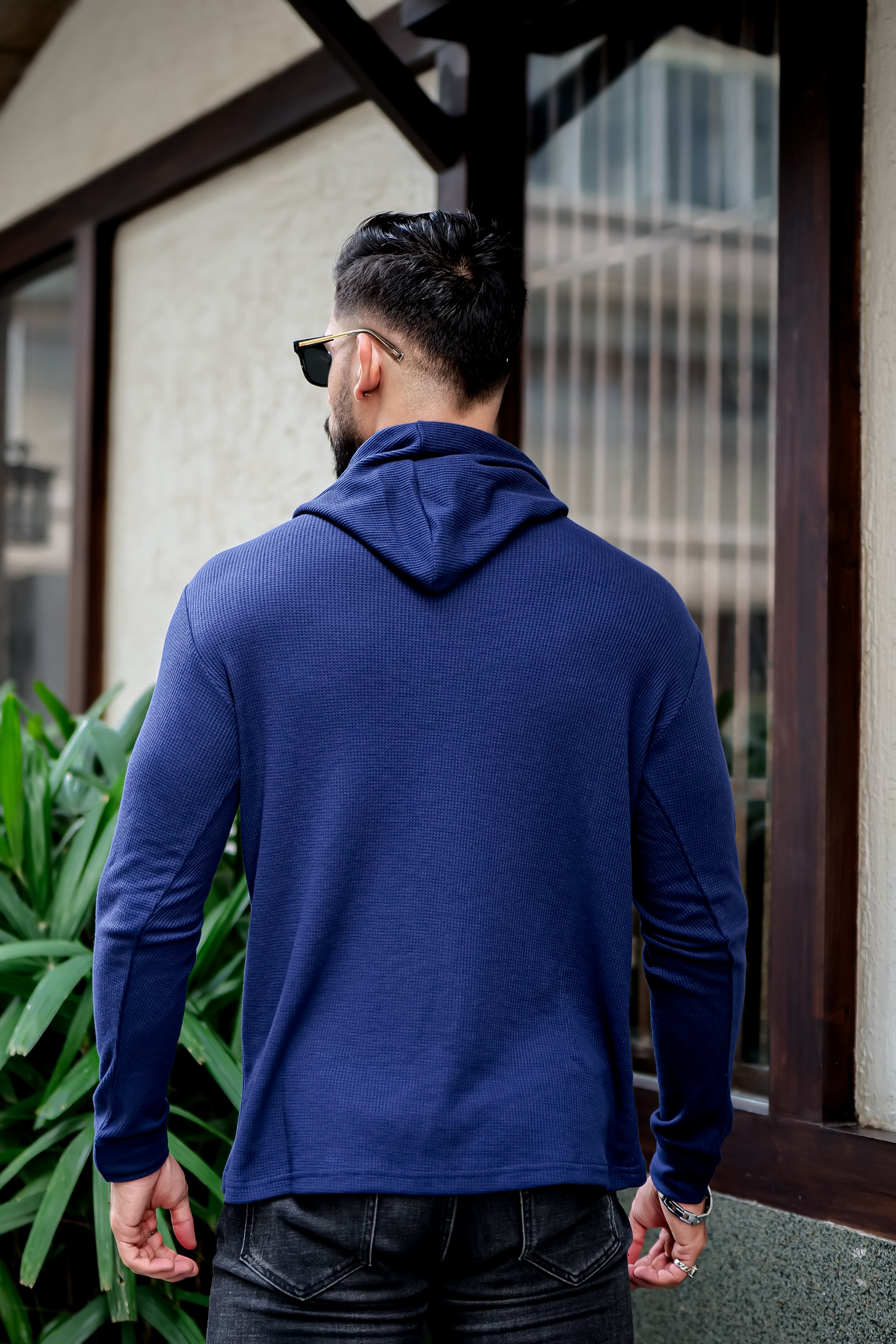 Navy Blue Waffle Placket Hooded T-Shirt