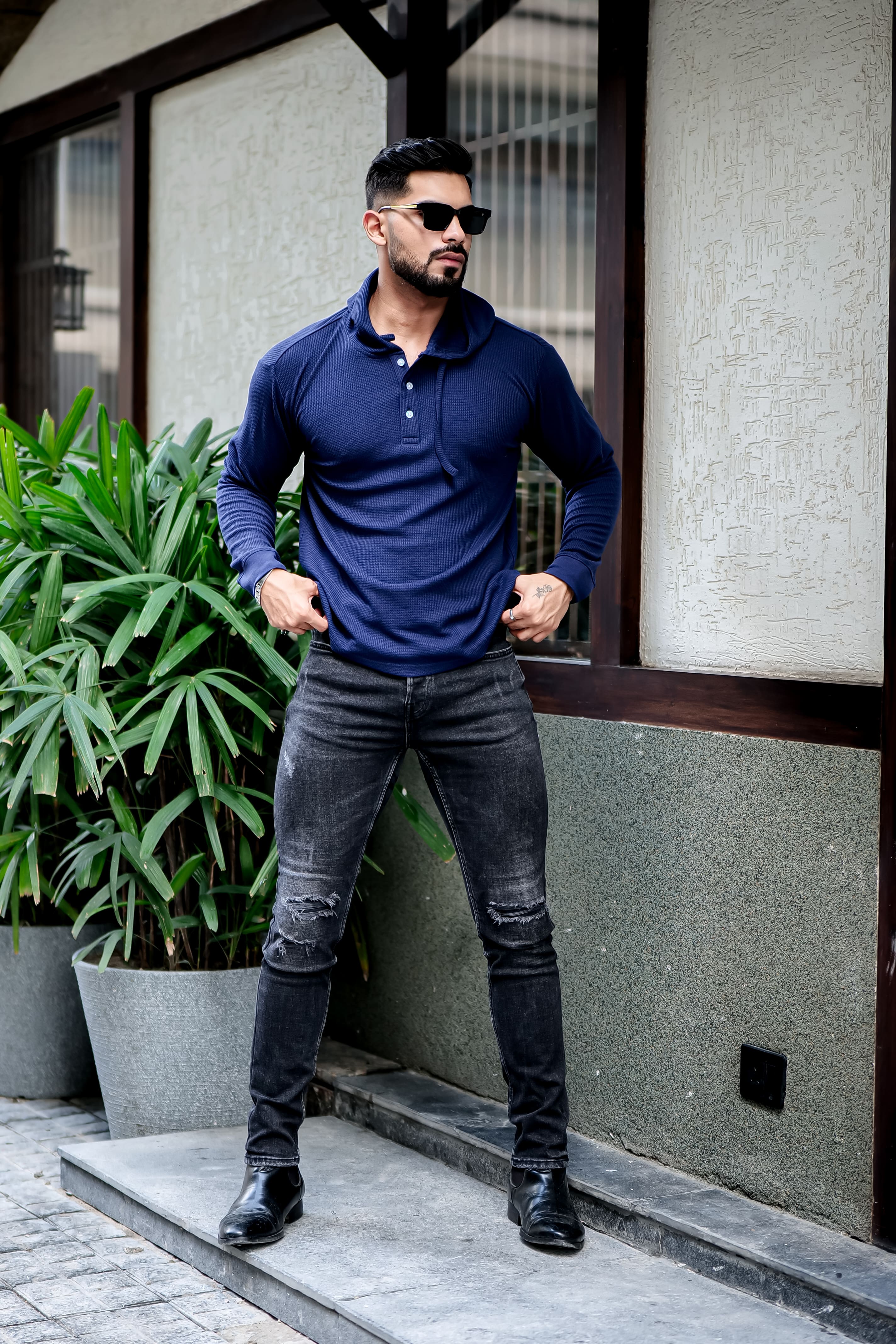 Navy Blue Waffle Placket Hooded T-Shirt