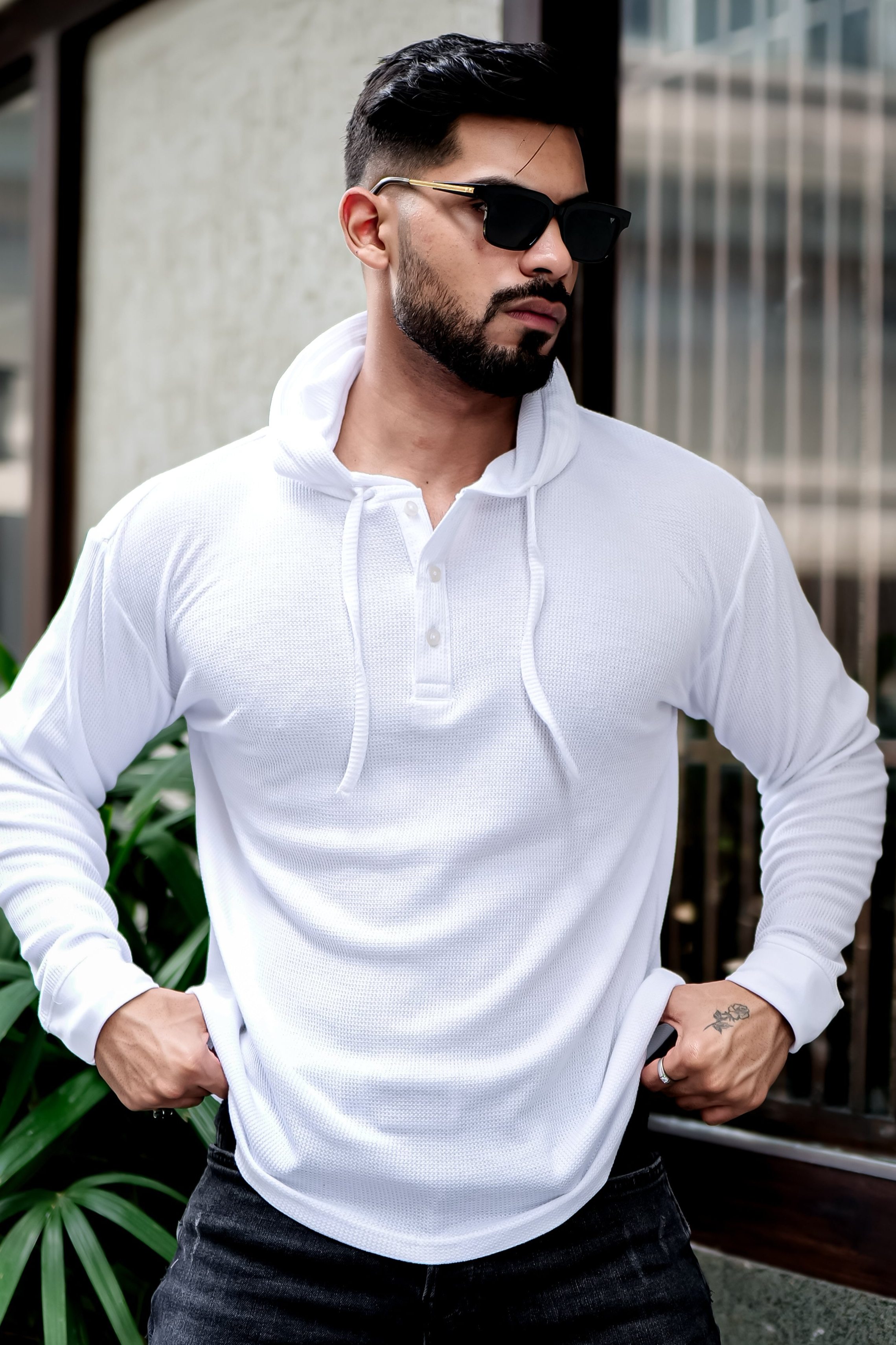 White Waffle Placket Hooded T-Shirt