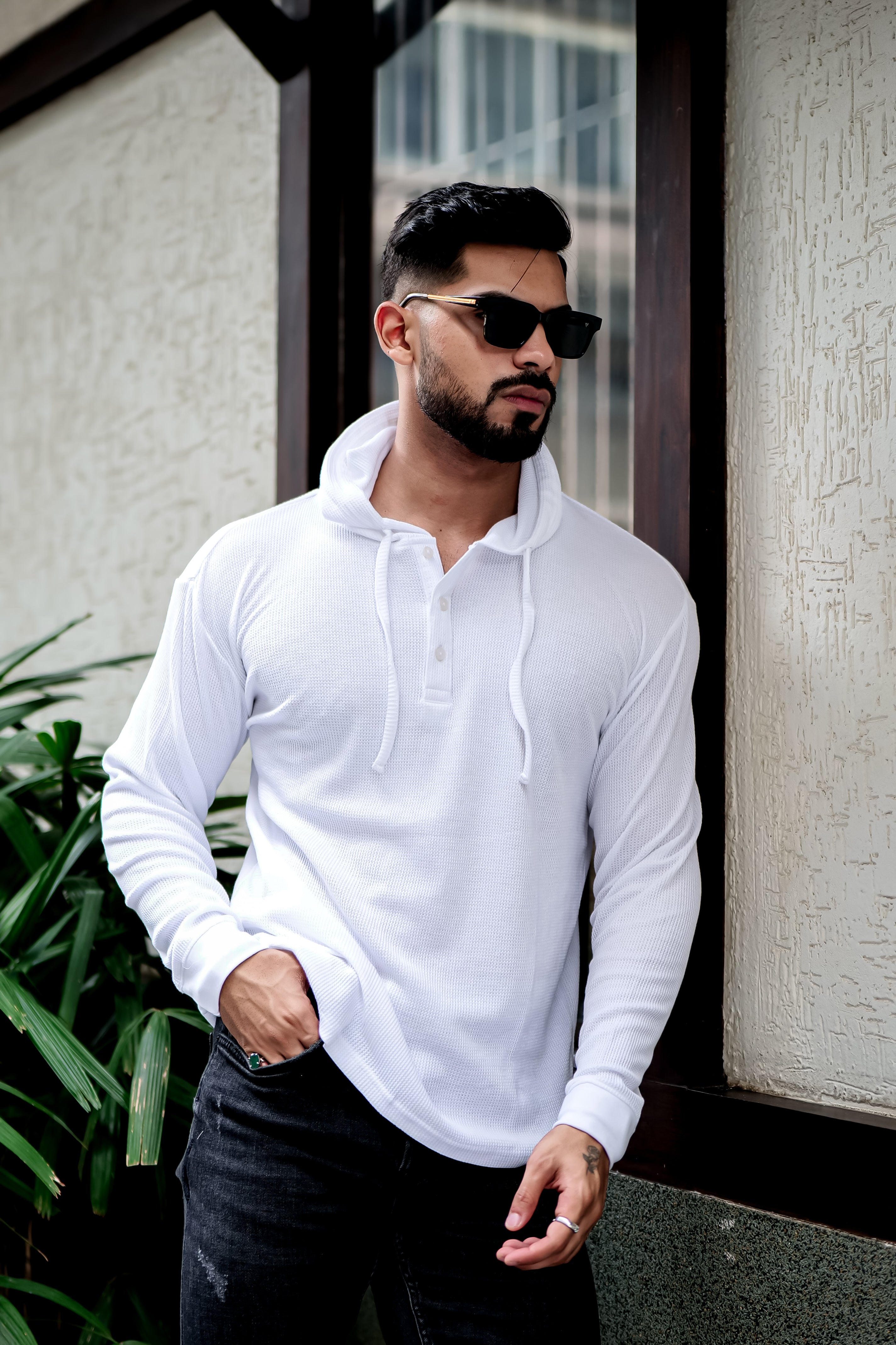 White Waffle Placket Hooded T-Shirt