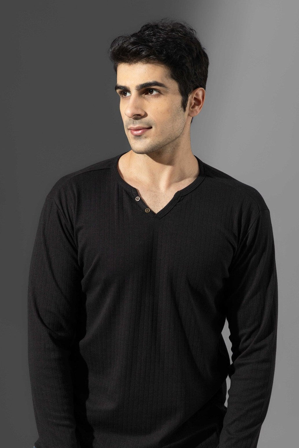 Black open Drop Needle Henley T-Shirt