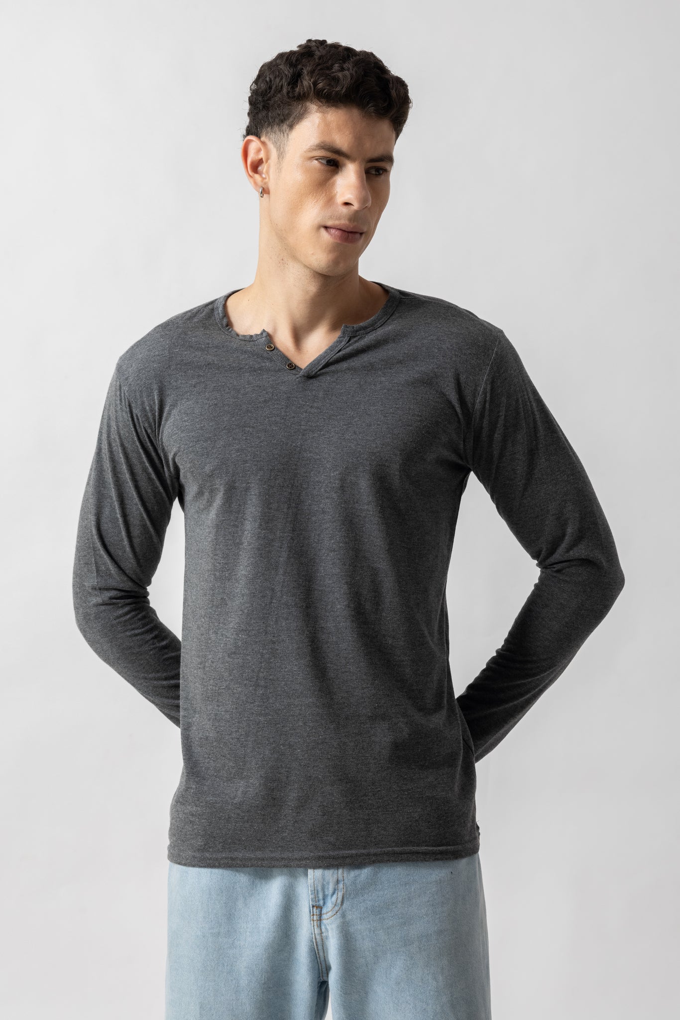 Grey Full Sleeve Self Design Henley T-Shirt