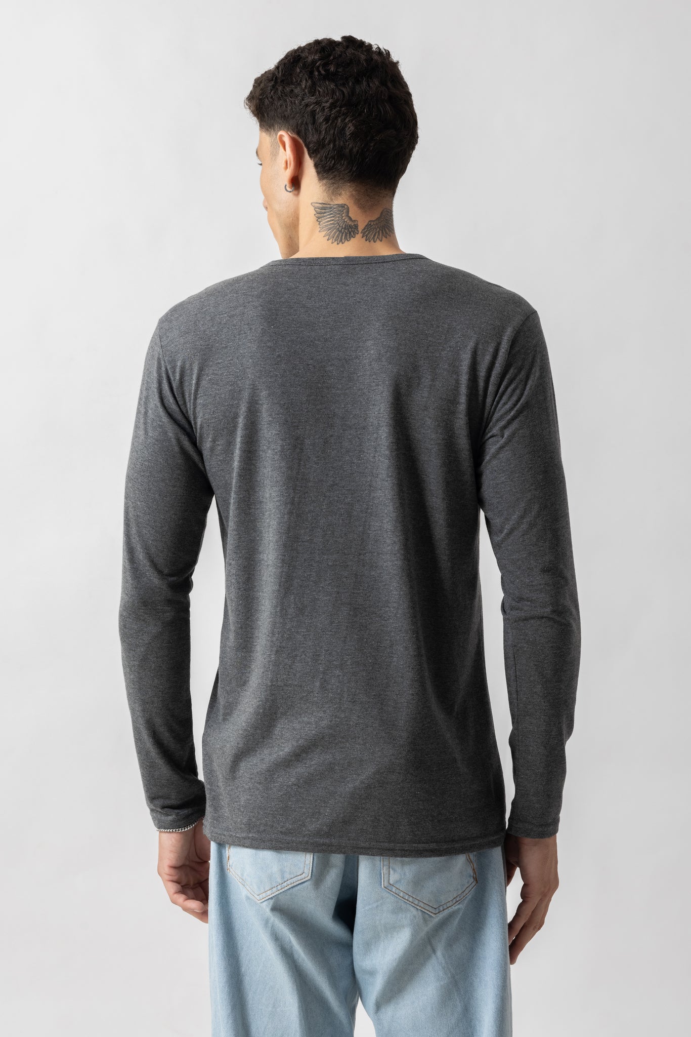 Grey Full Sleeve Self Design Henley T-Shirt