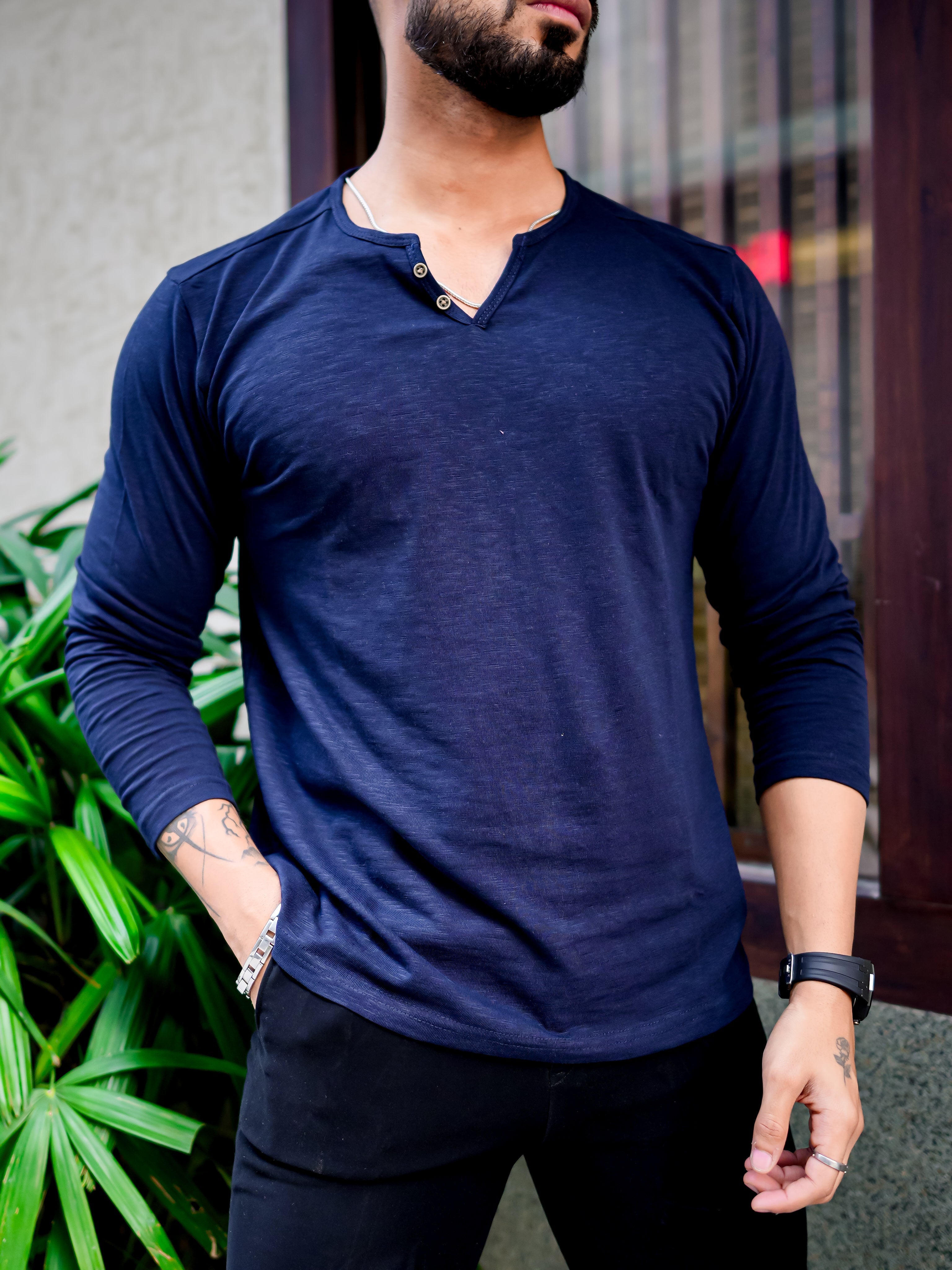 Dark Navy Open Slub Henley T-Shirt