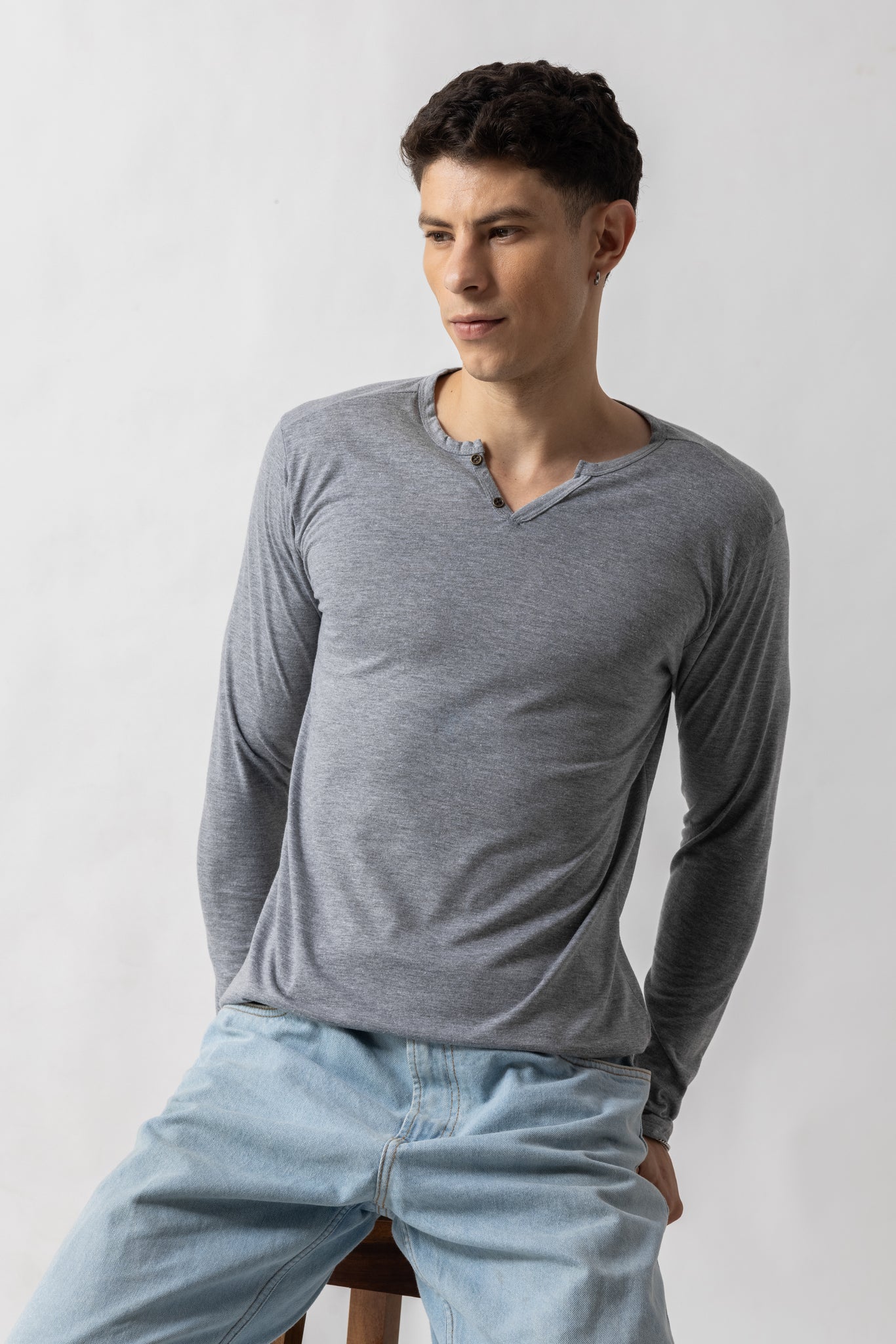 Grey Melange Open  Henley T-Shirt