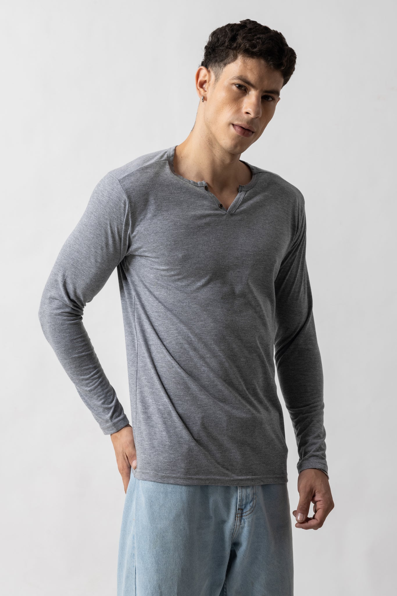 Grey Melange Open  Henley T-Shirt
