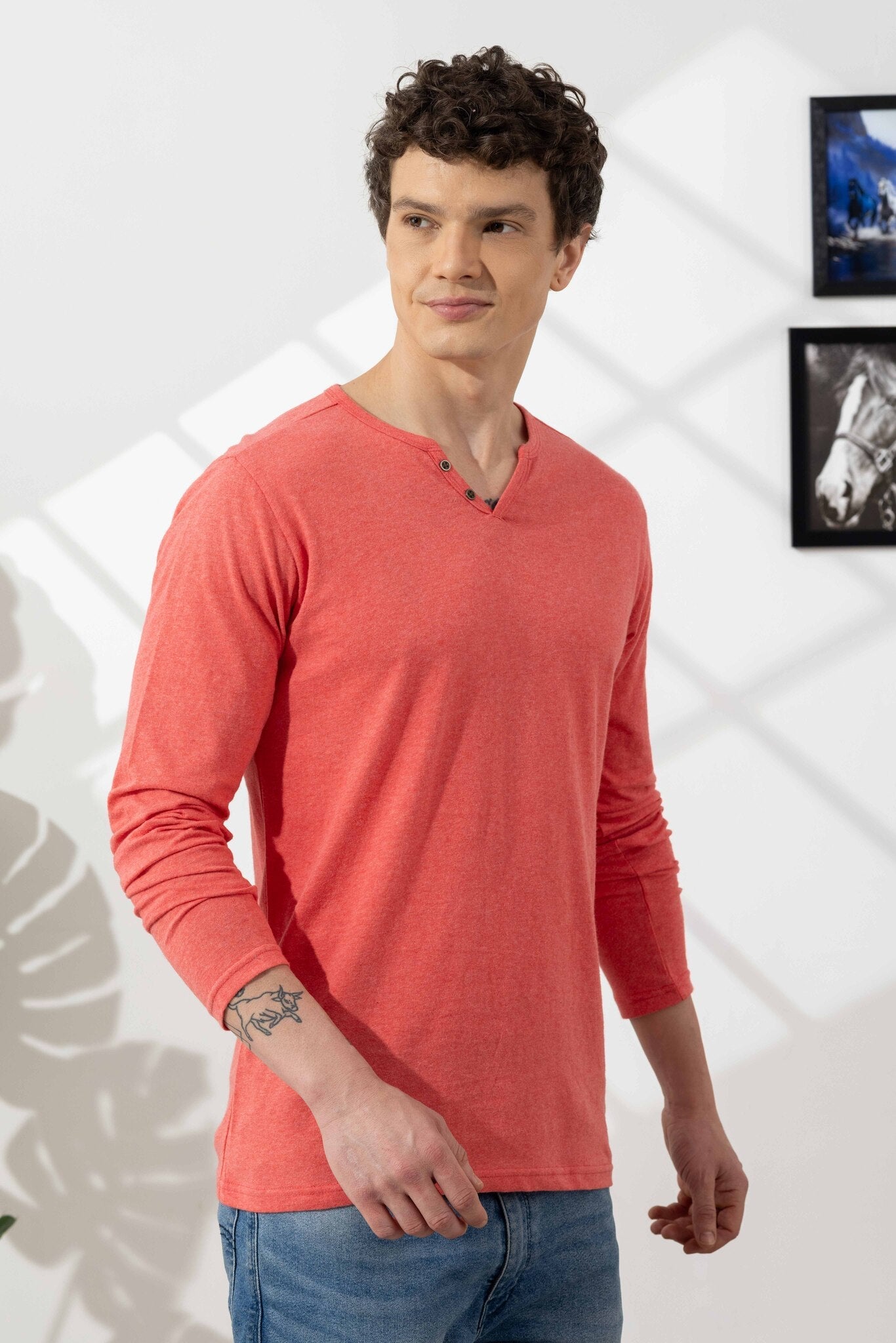Light Pink Cotton Slub Open Henley T-Shirt