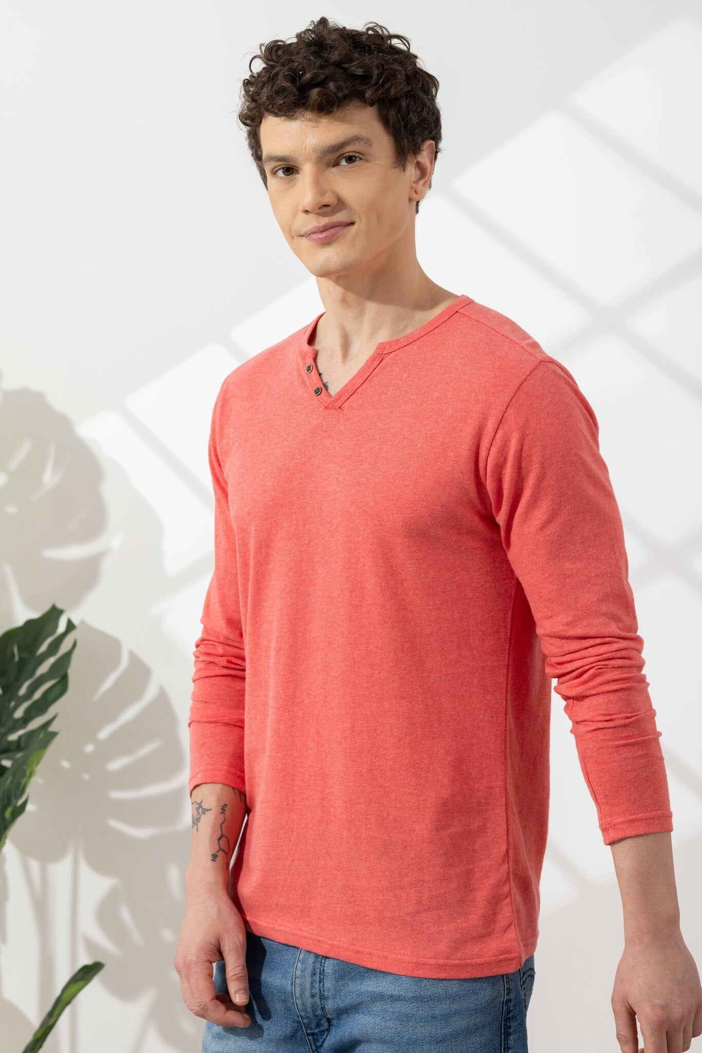 Light Pink Cotton Slub Open Henley T-Shirt