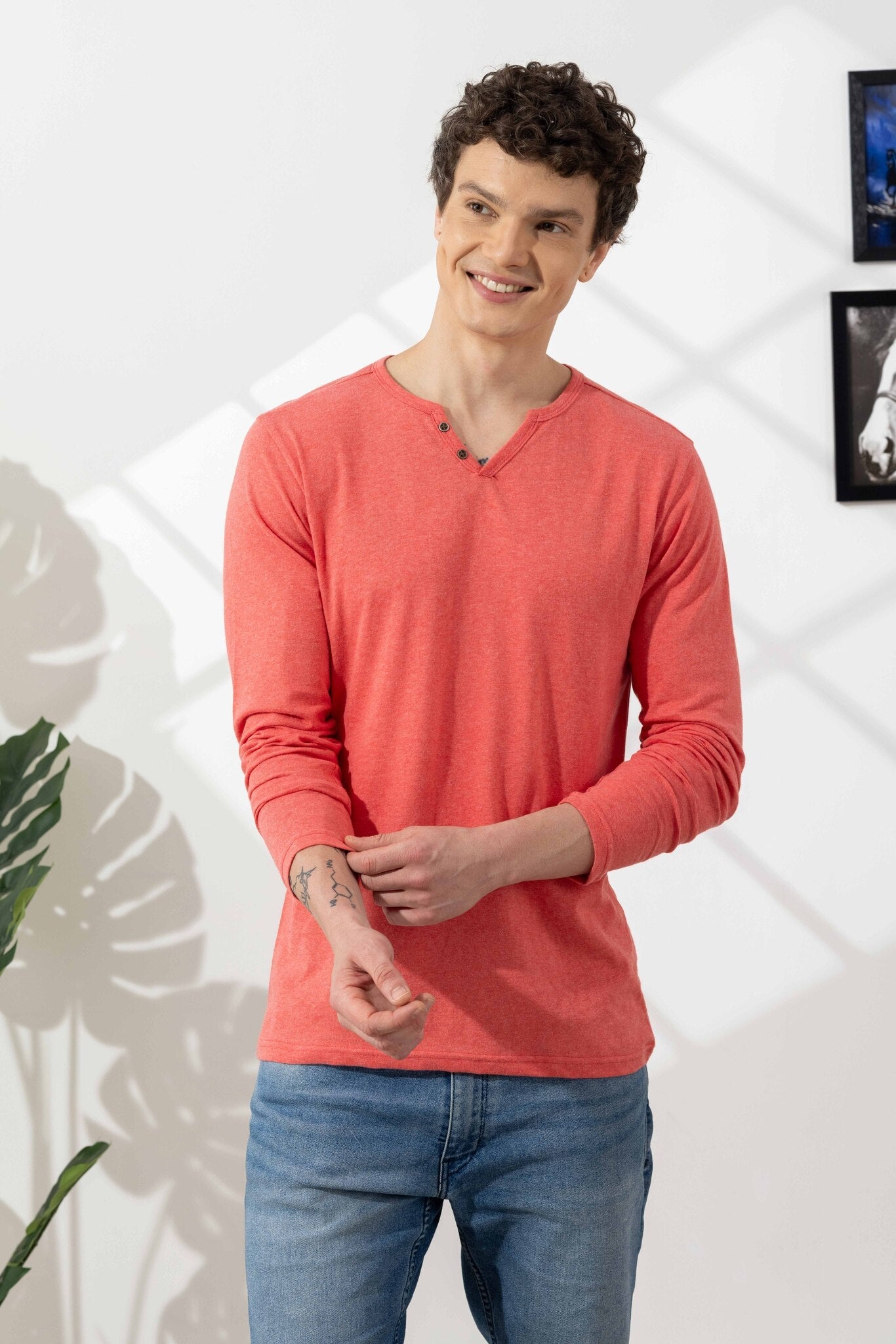 Light Pink Cotton Slub Open Henley T-Shirt