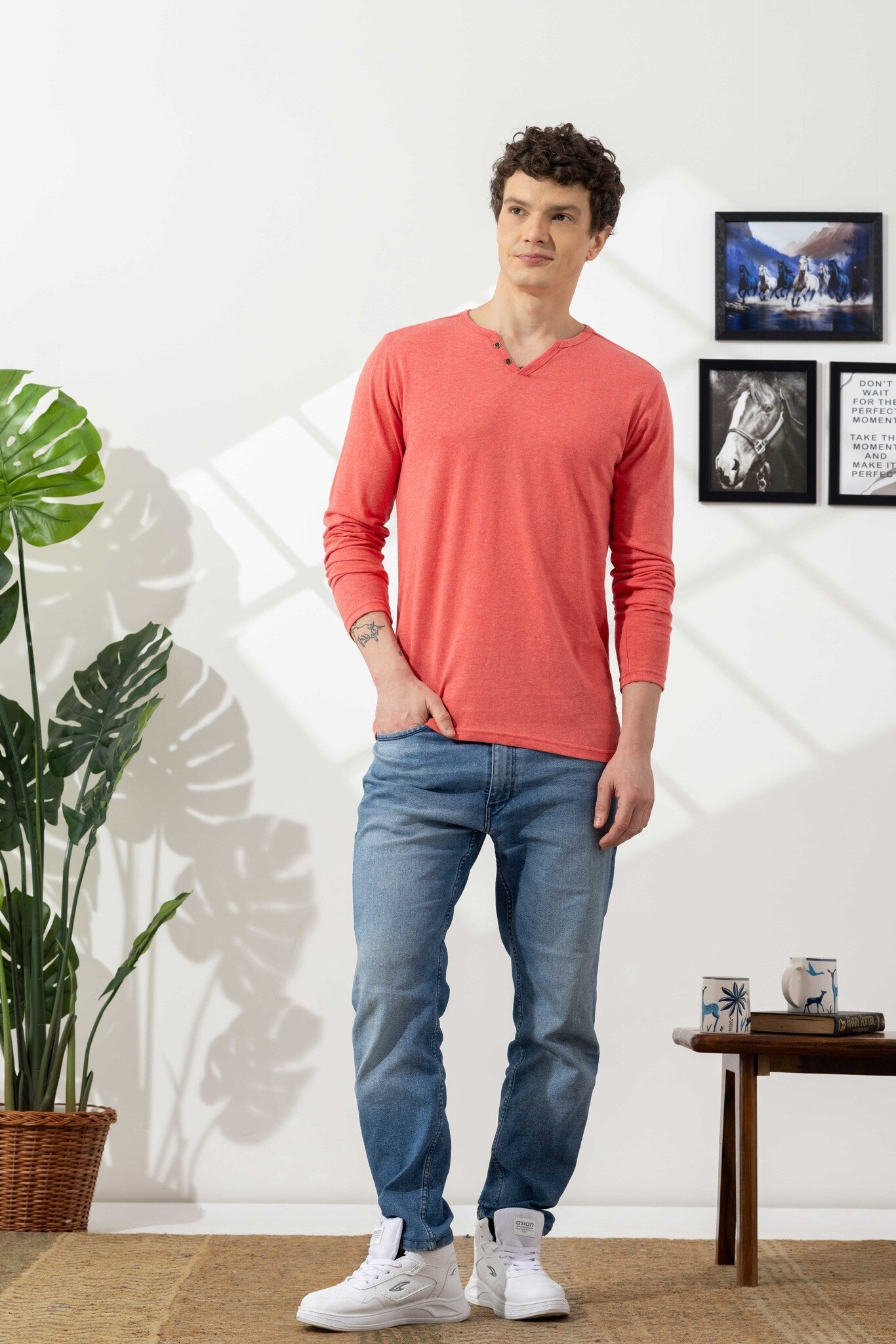 Light Pink Cotton Slub Open Henley T-Shirt