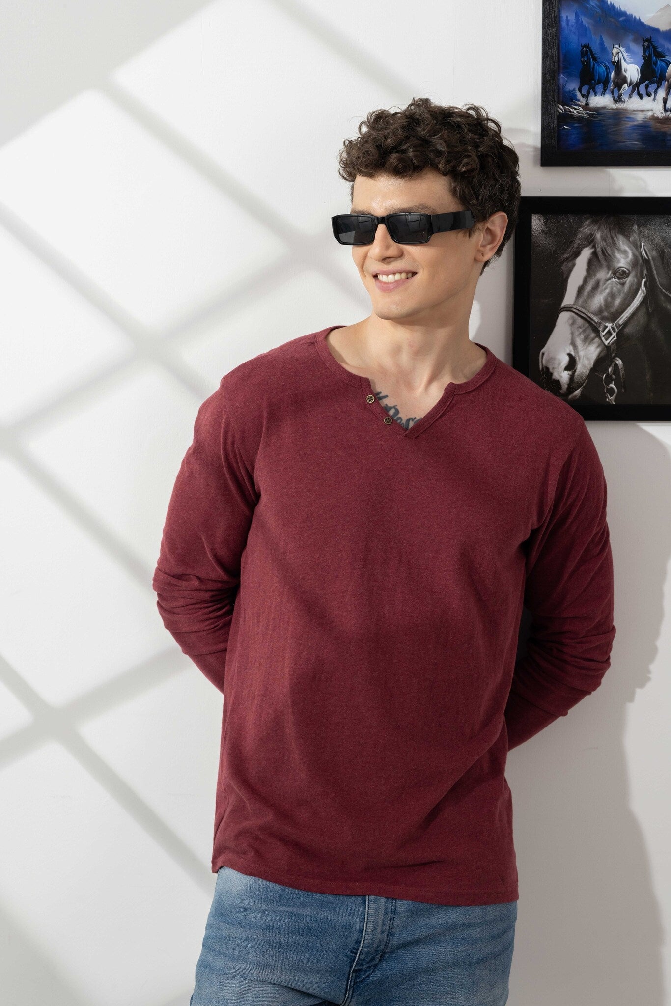 Maroon Milanch Open Henley T-Shirt
