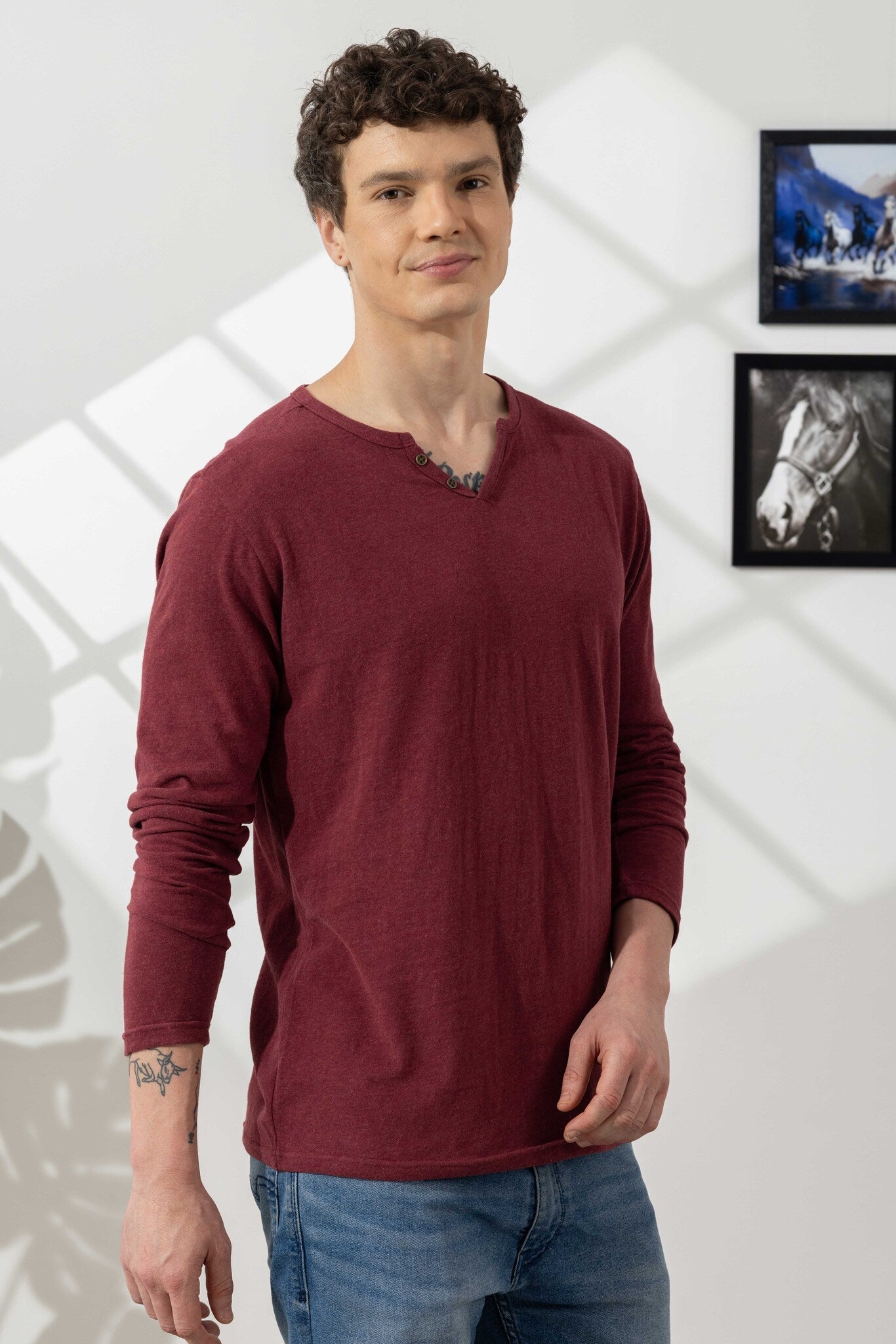 Maroon Milanch Open Henley T-Shirt