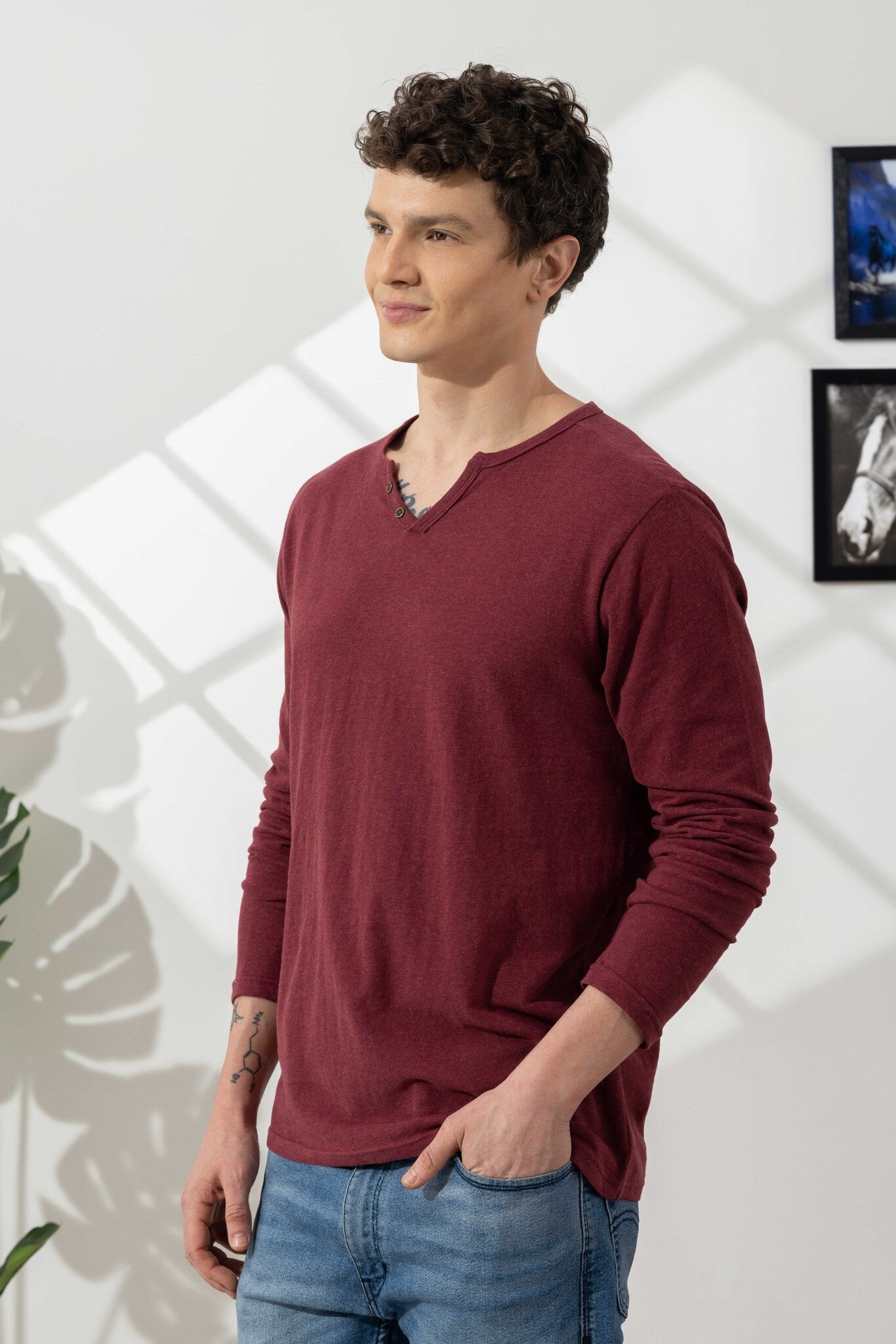 Maroon Milanch Open Henley T-Shirt
