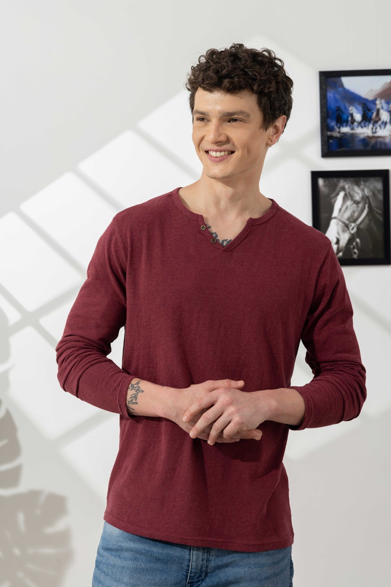 Maroon Milanch Open Henley T-Shirt