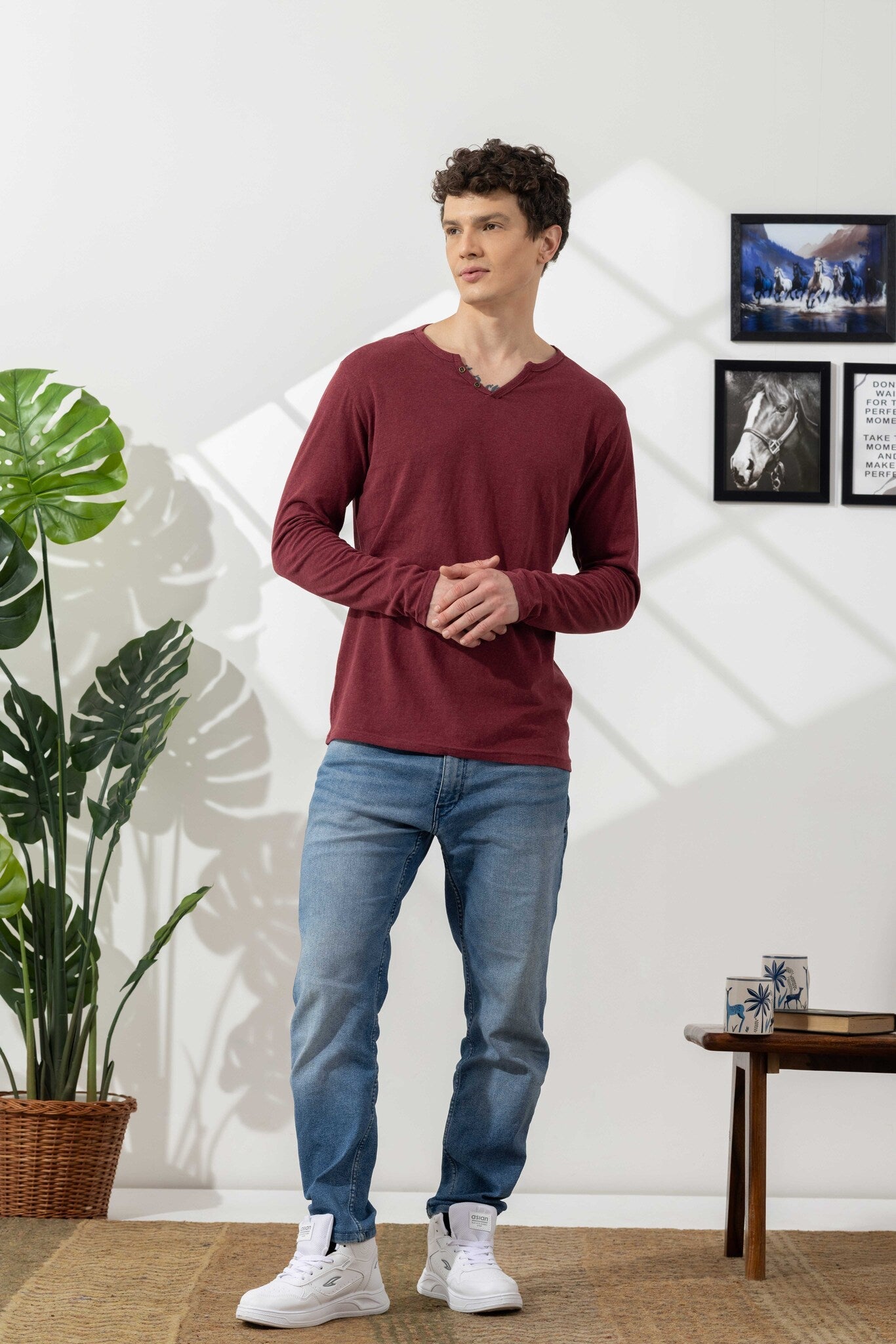 Maroon Milanch Open Henley T-Shirt