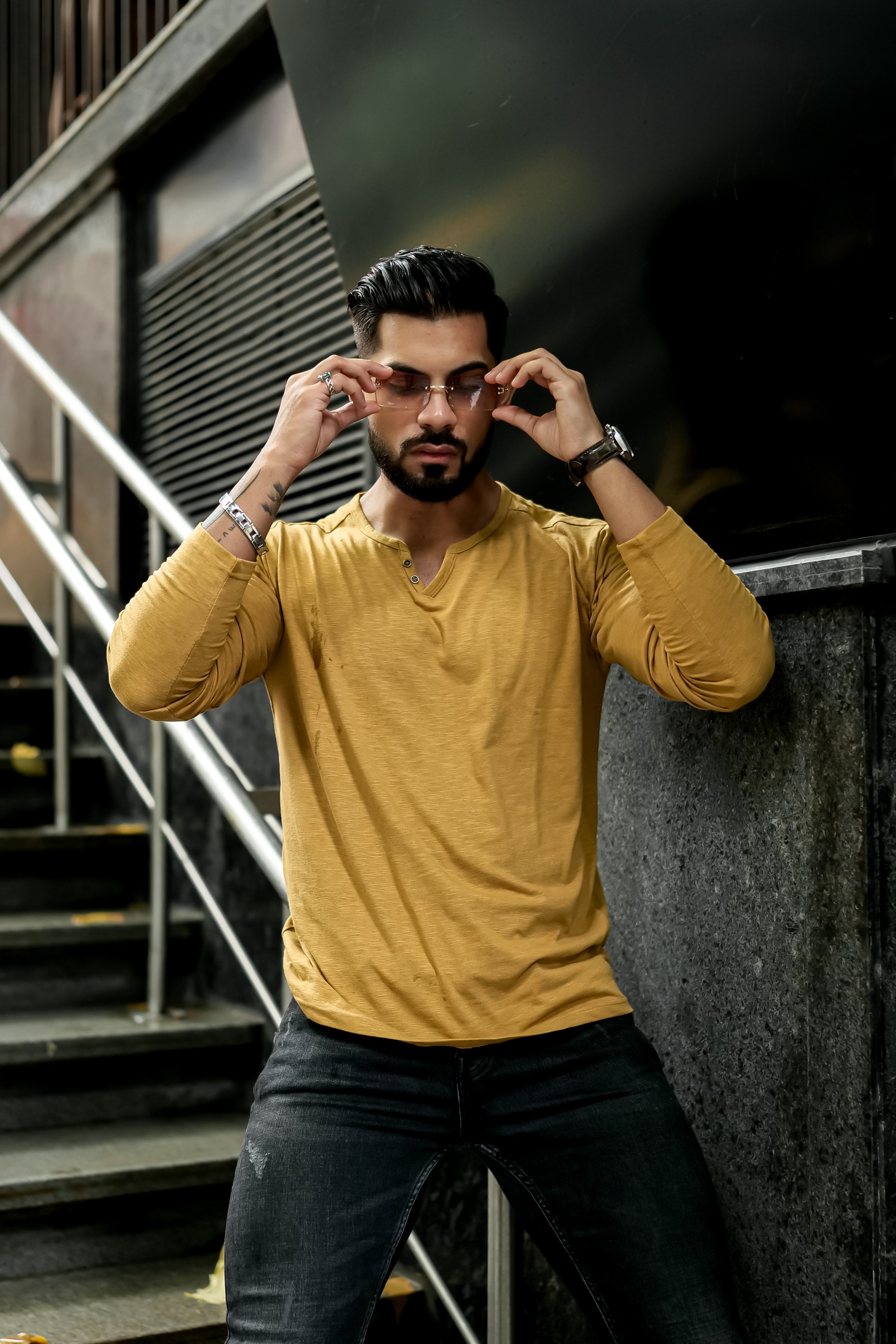 Mustard Slub Open Henley Neck T-Shirt