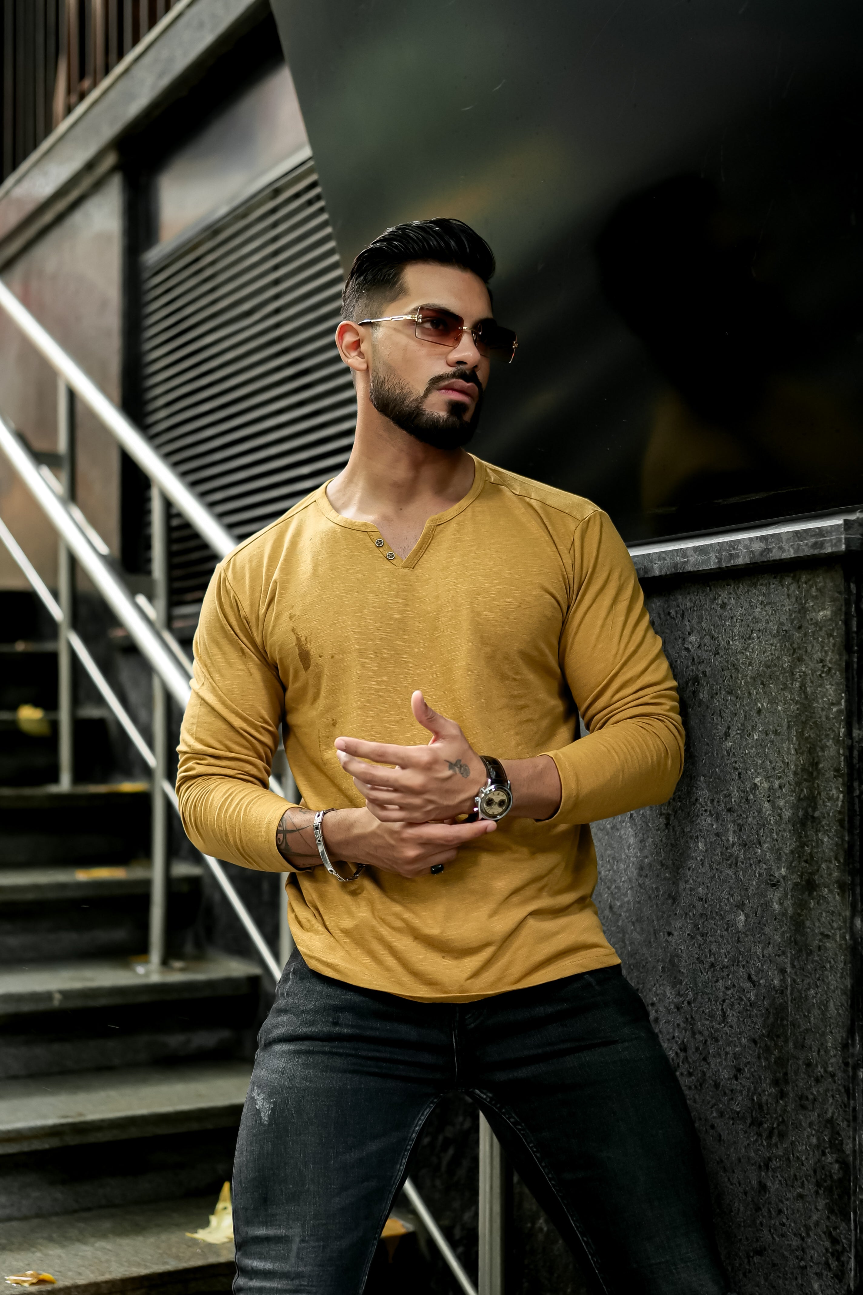 Mustard Slub Open Henley Neck T-Shirt