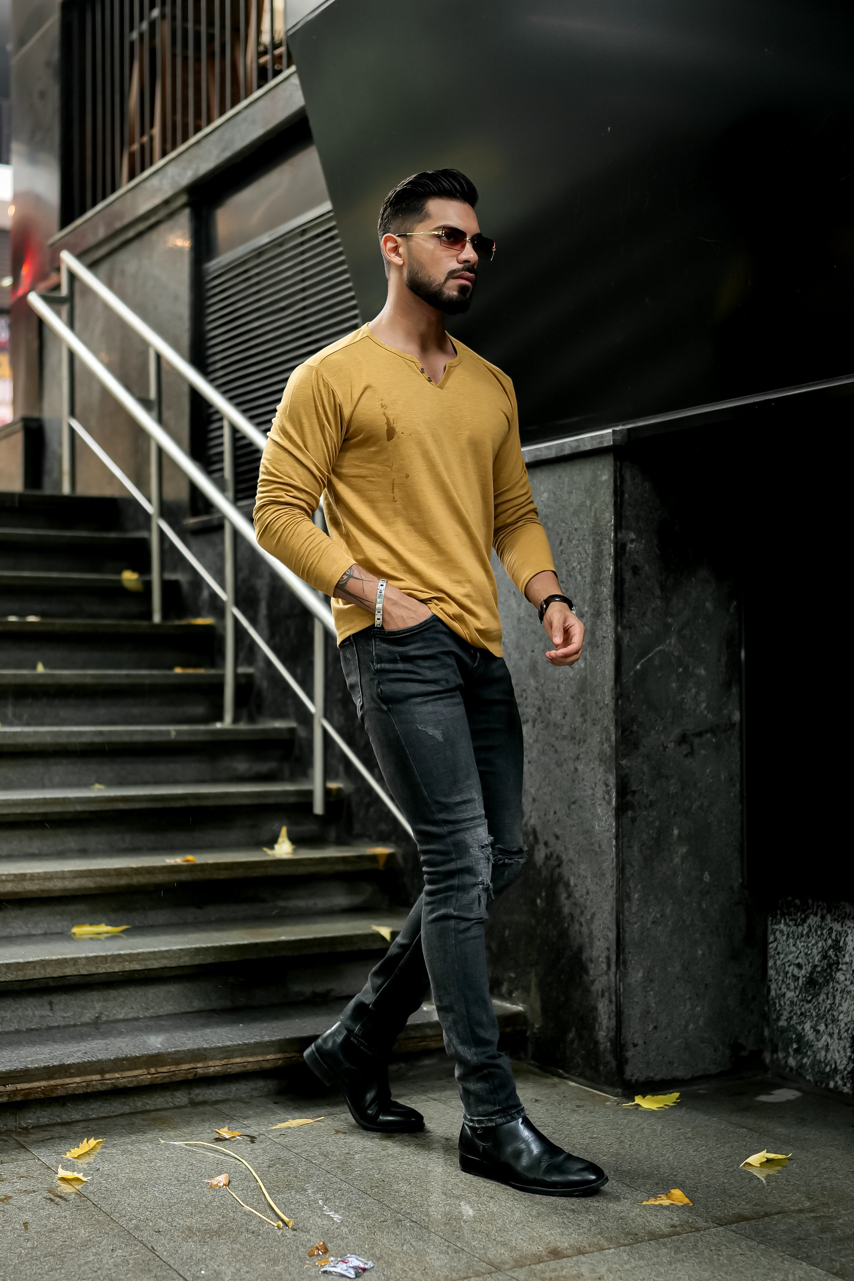 Mustard Slub Open Henley Neck T-Shirt