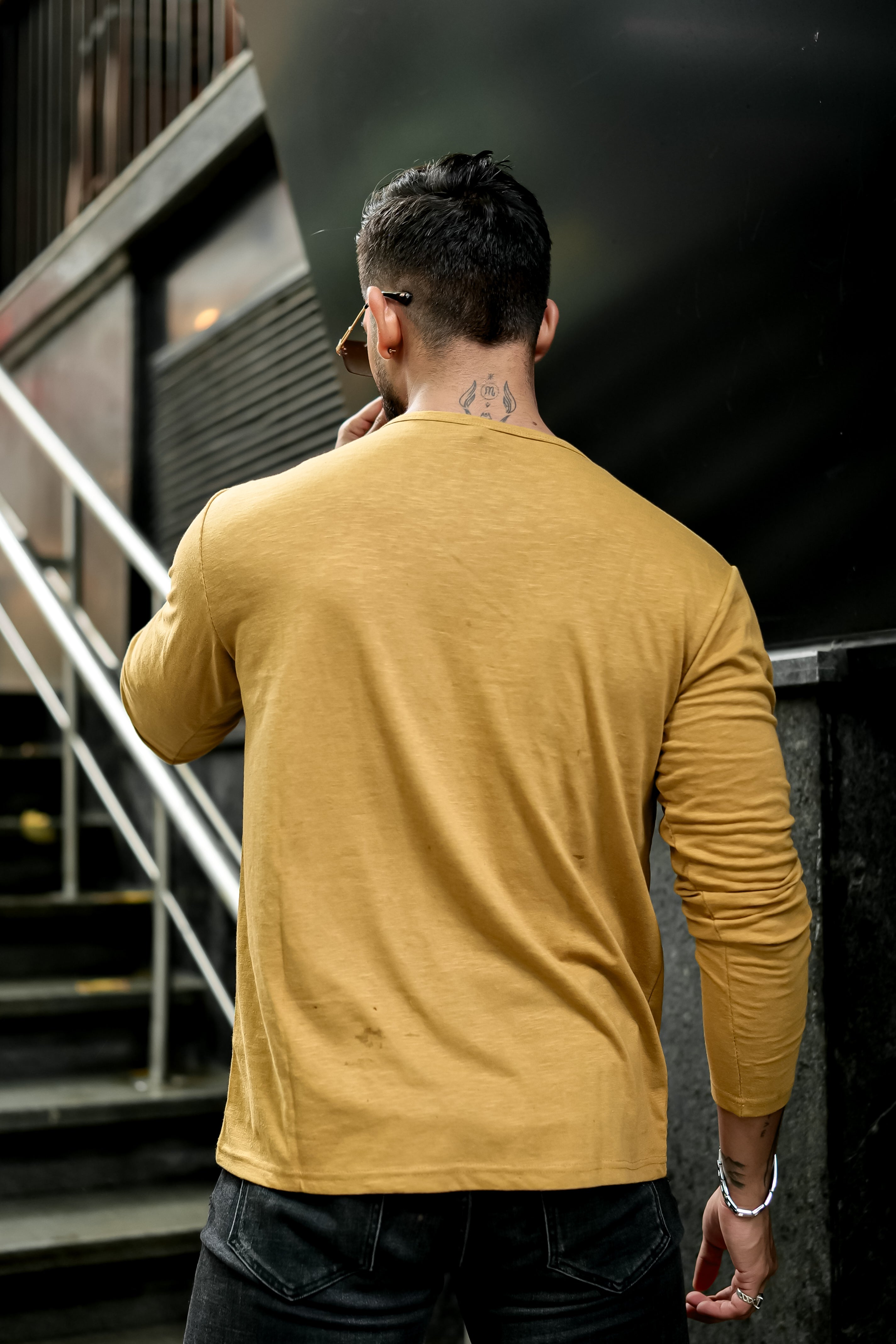 Mustard Slub Open Henley Neck T-Shirt