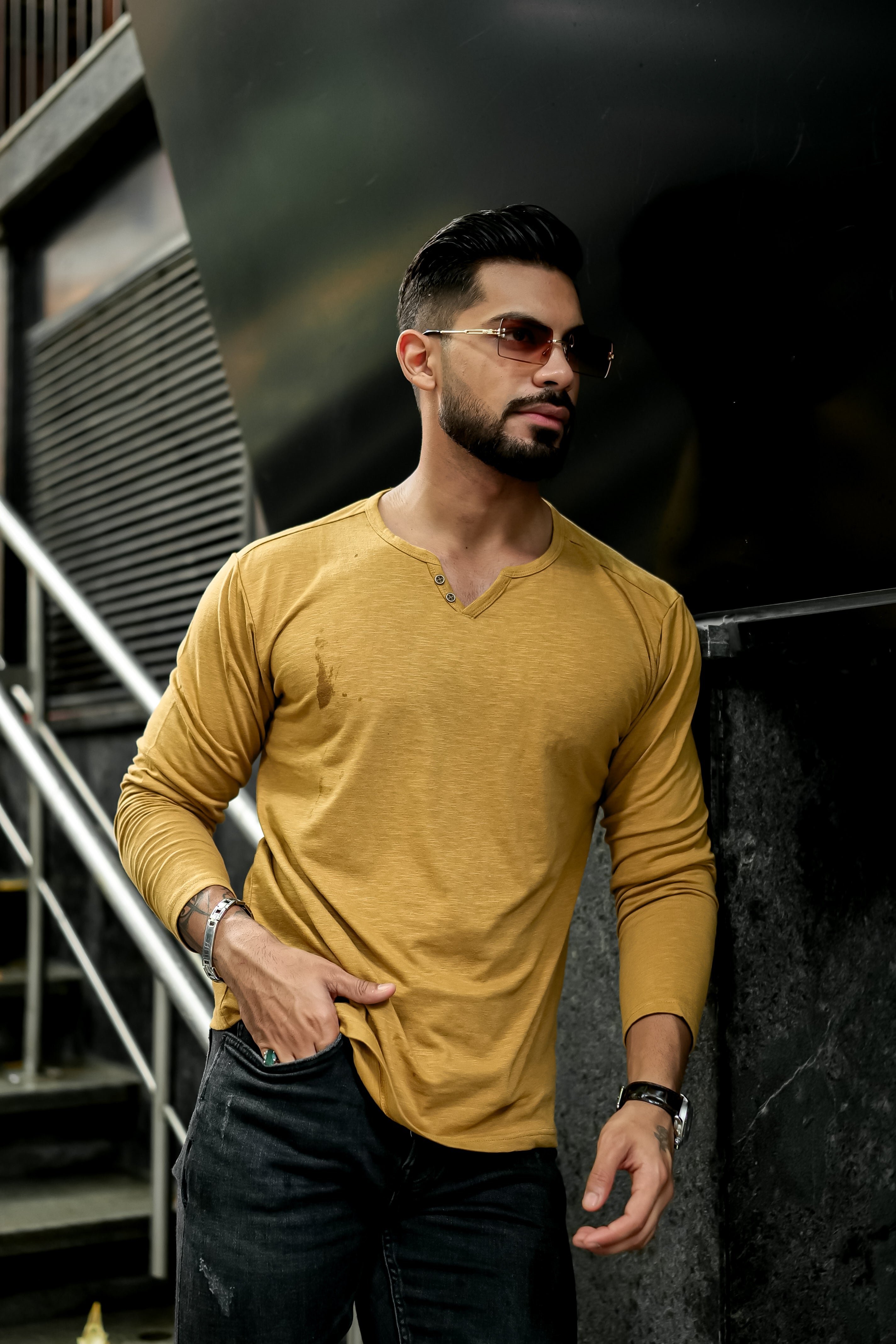Mustard Slub Open Henley Neck T-Shirt