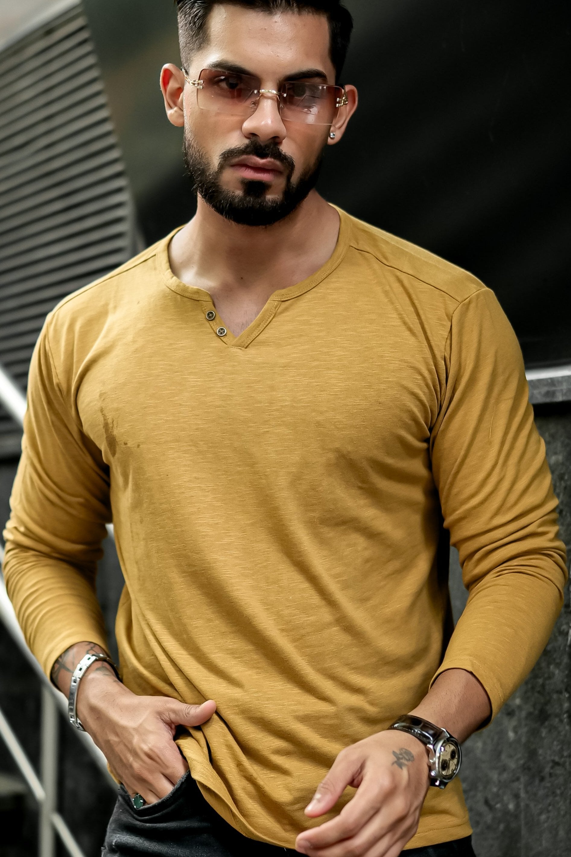 Mustard Slub Open Henley Neck T-Shirt