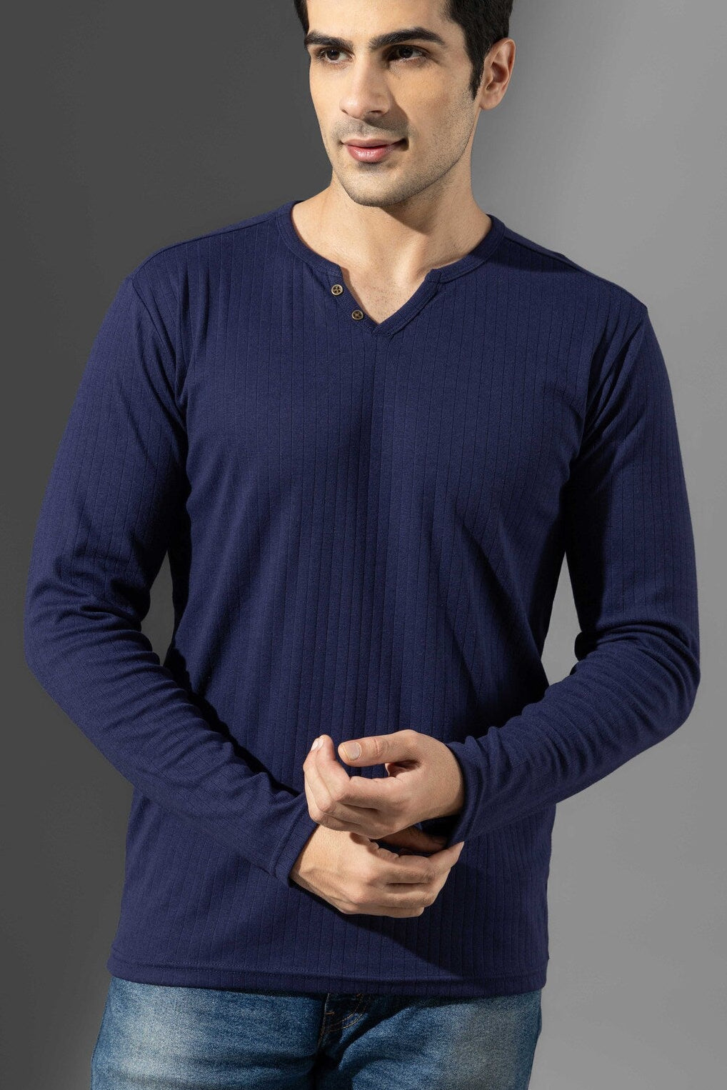 Navy Blue Open Drop Needle Henley T-Shirt
