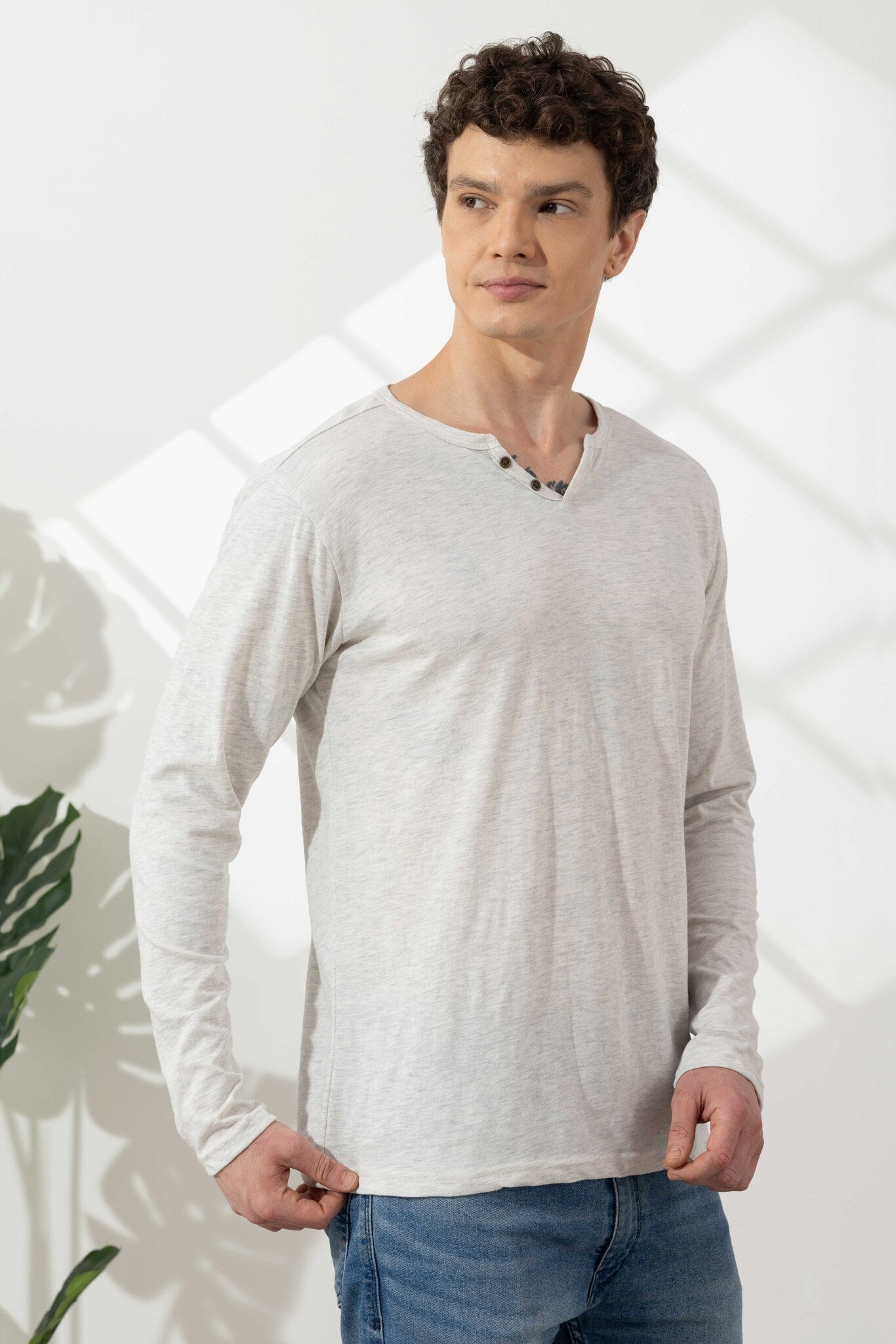 Off White Cotton Slub Open Henley T-Shirt