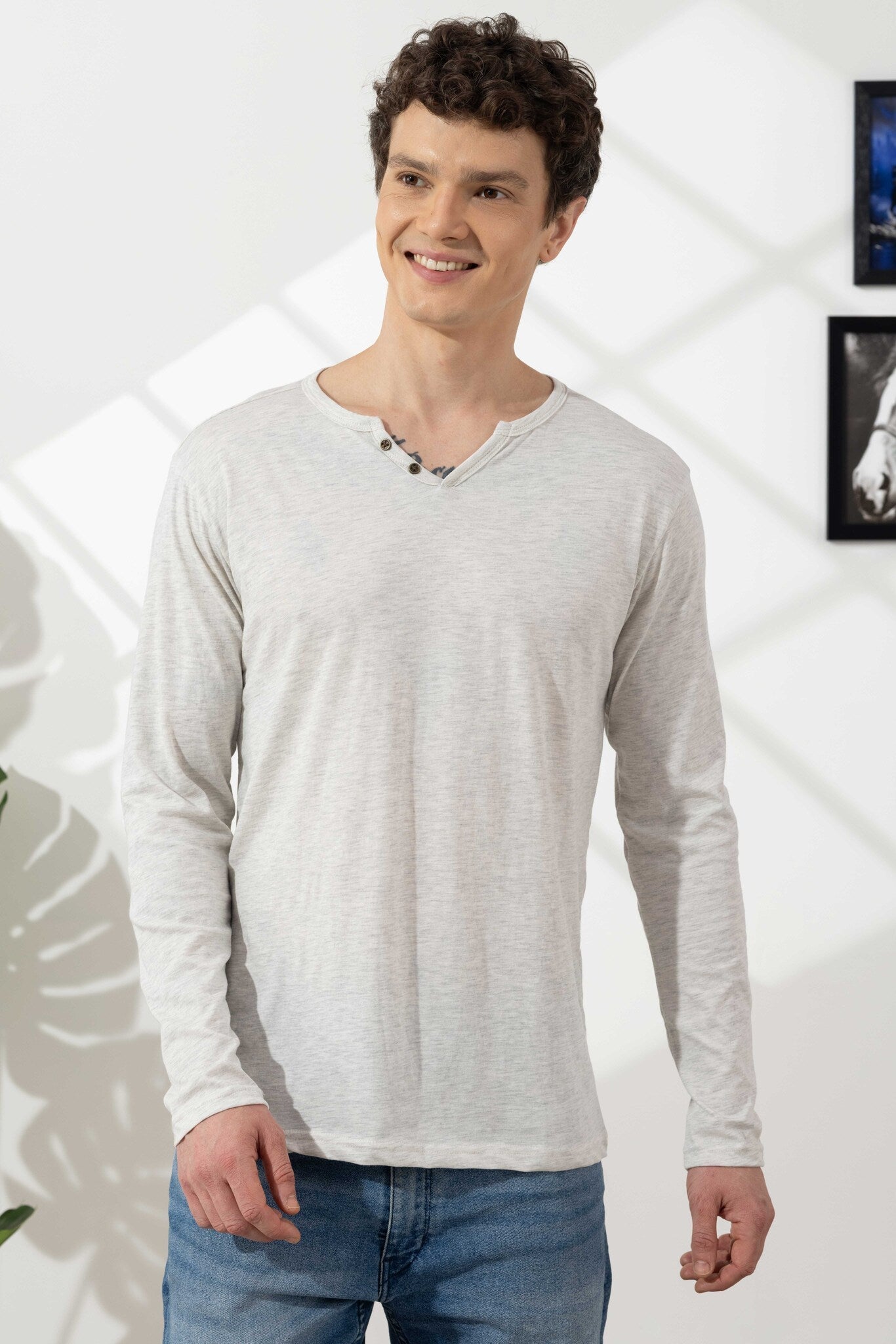 Off White Cotton Slub Open Henley T-Shirt
