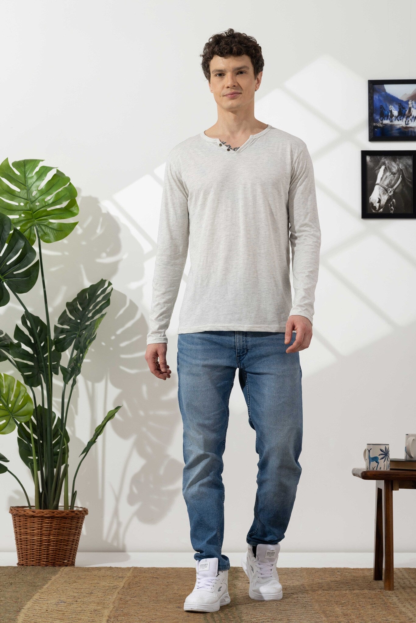 Off White Cotton Slub Open Henley T-Shirt