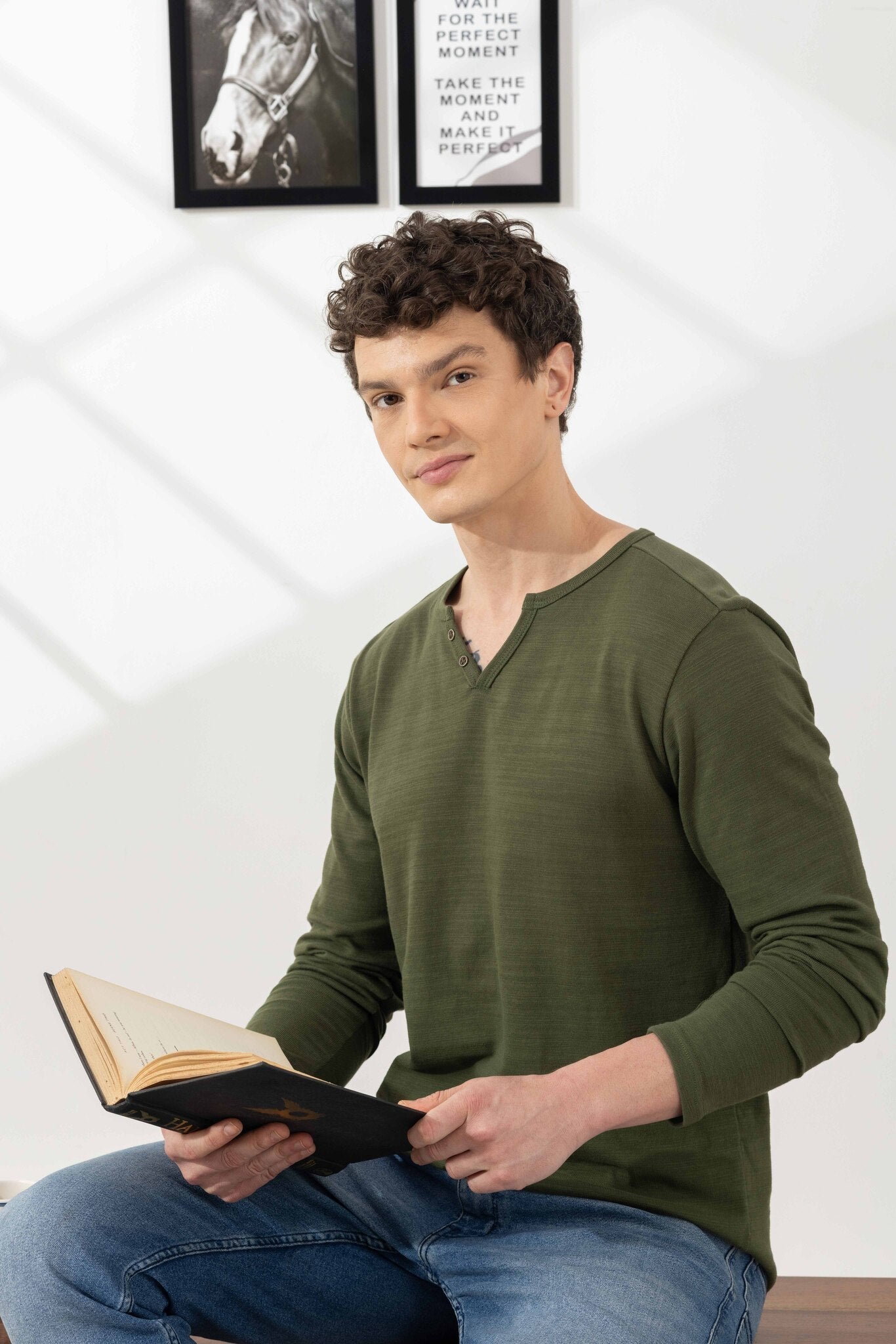 Olive Green Cotton Slub Open Henley T-Shirt