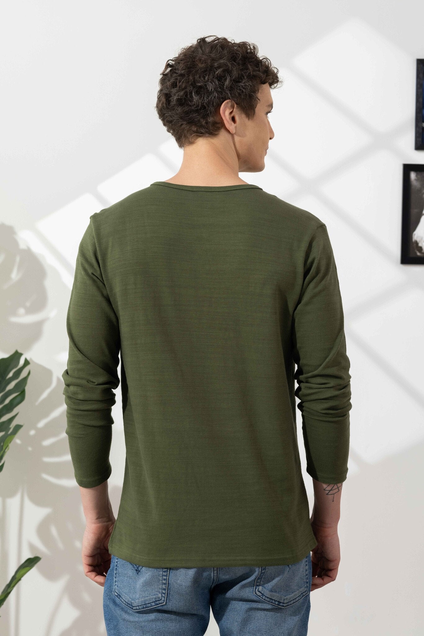 Olive Green Cotton Slub Open Henley T-Shirt