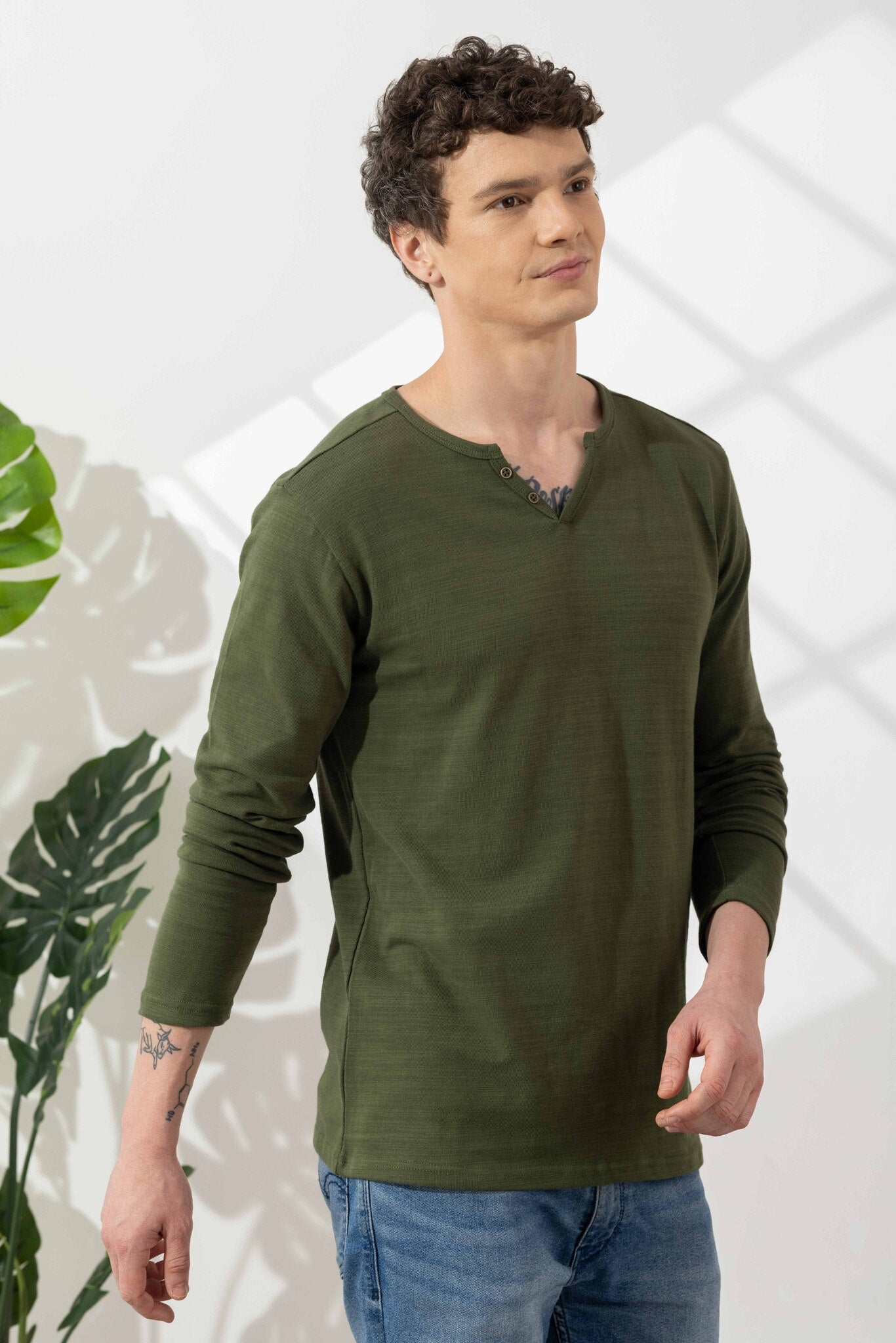 Olive Green Cotton Slub Open Henley T-Shirt