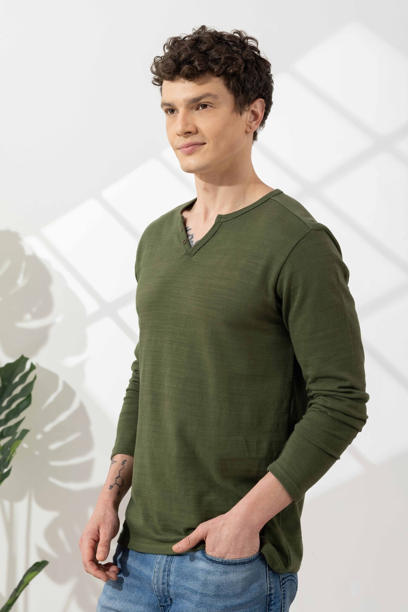 Olive Green Cotton Slub Open Henley T-Shirt