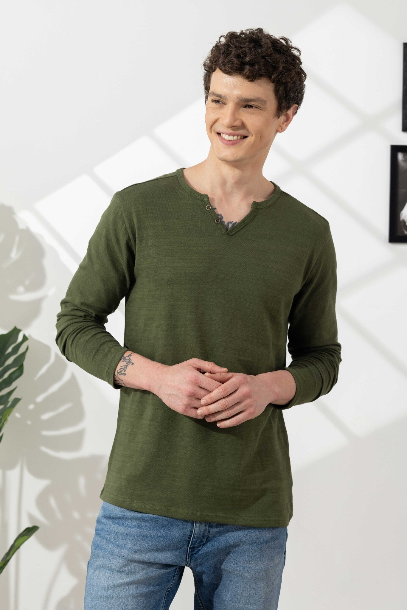 Olive Green Cotton Slub Open Henley T-Shirt