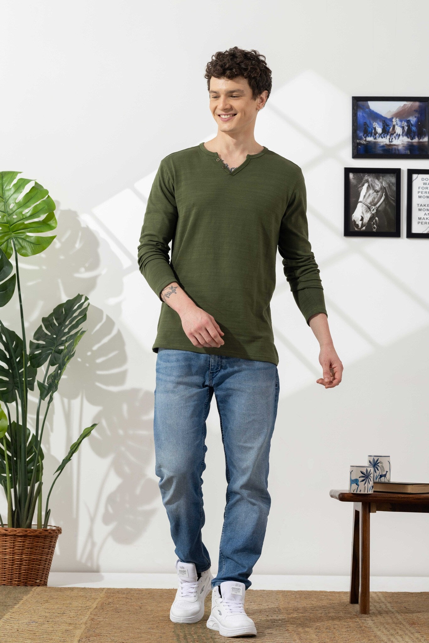 Olive Green Cotton Slub Open Henley T-Shirt